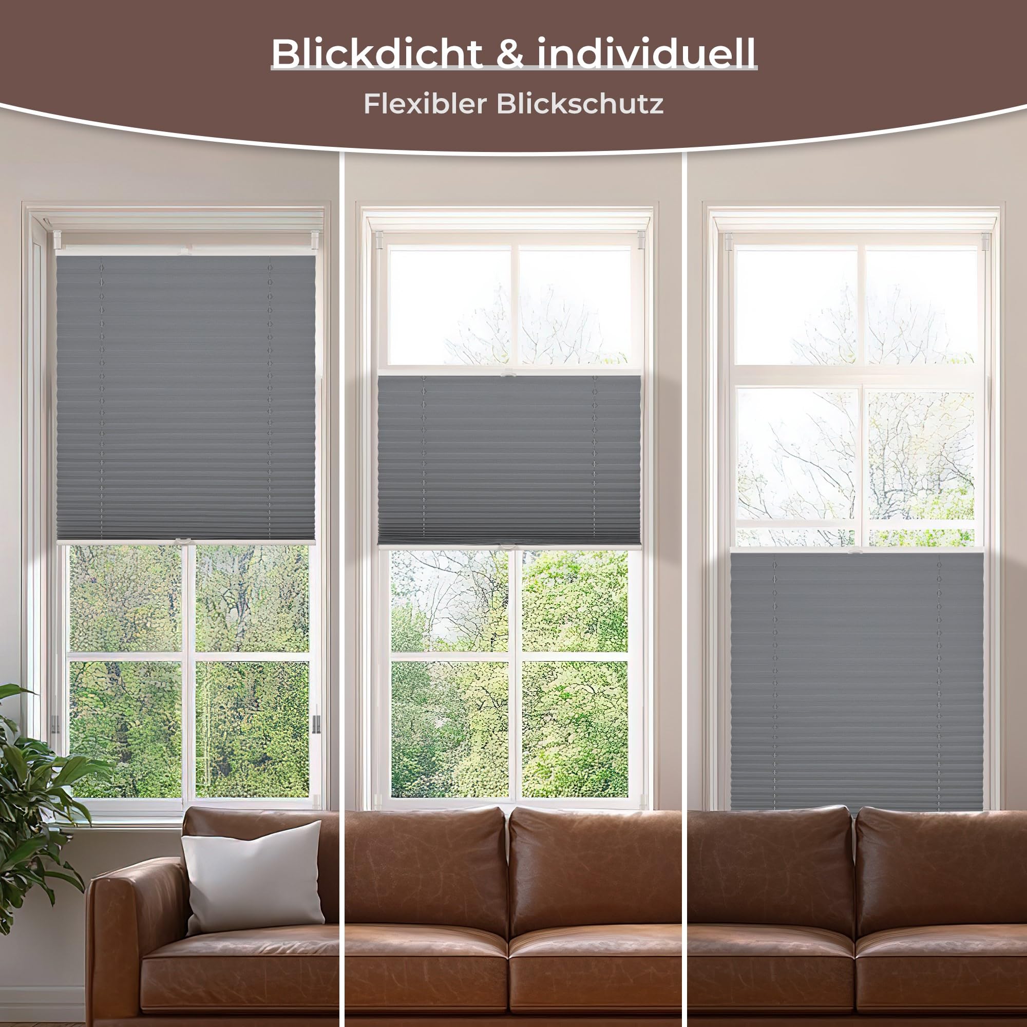 Store Plissé Sans Perçage Sur Mesure - Semi-Opaque, Protection Solaire, Hauteur 50-149 Cm, 23 Couleurs Au Choix