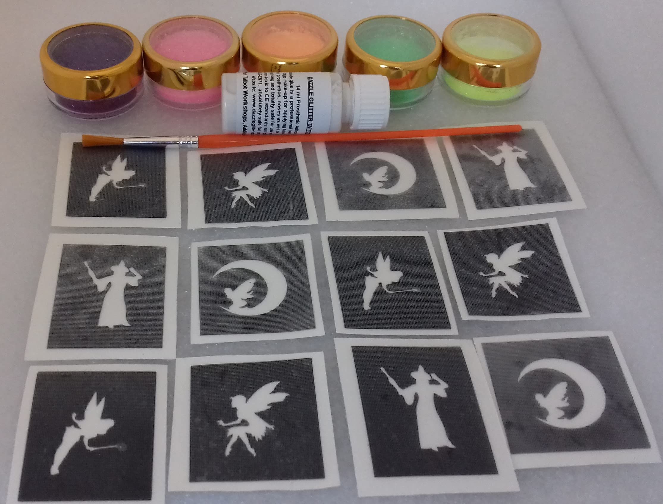 Fairy Glitter Tattoo Set incl 30 x Stencils + 5 Glitter Colors + Glue Fairies Tinkerbell