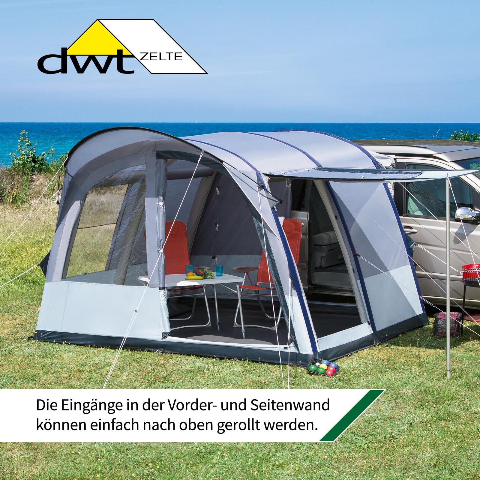 dwt Rapid Air II Busvorzelt, freistehend und aufblasbar, 340x240 cm, grau, Texolan 30, mit Vordach und Lüftungsfenstern