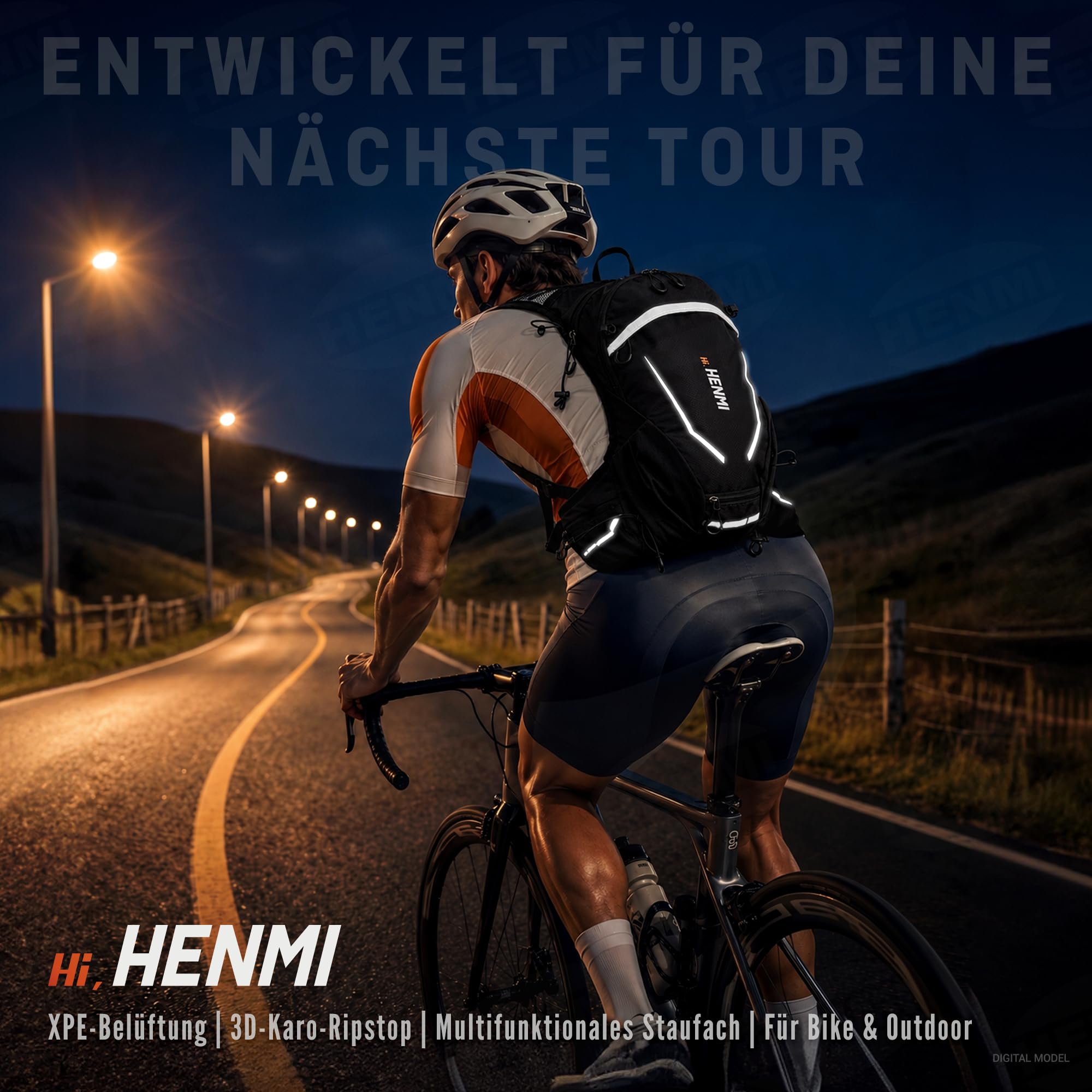 HENMI Fahrradrucksack 16L Ultraleicht & Atmungsaktiv 0,46kg – Wanderrucksack mit XPE Rückenbelüftung & Trinkblasenfach, Kleiner Rucksack mit Helmnetz & Regenhülle für MTB Radfahren Wandern