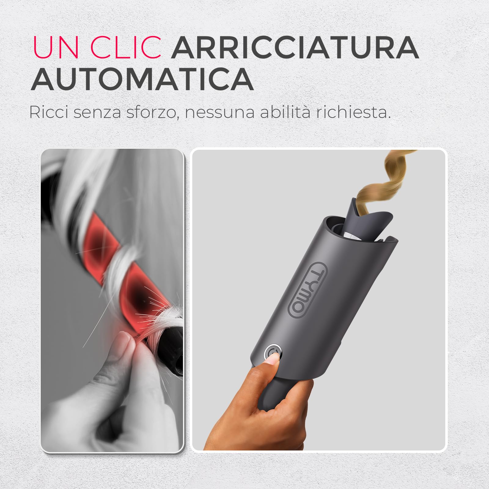 TYMO CURLPRO Arricciacapelli Automatico per Grandi Ricci -Ferro Capelli Rotante Automatico 25mm, 160-210℃, Anti-scottatura Beach Waves Piastra Boccoli per Capelli, 500M Ioni Negativi, Grigio Metallico