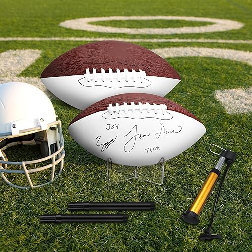 Miniatura 7 de Motionchic 8 pelotas inflables de fútbol americano con autógrafo, tamaño 9, con 8 soportes, 8 bolígrafos distintivos y 1 bomba para trofeo,