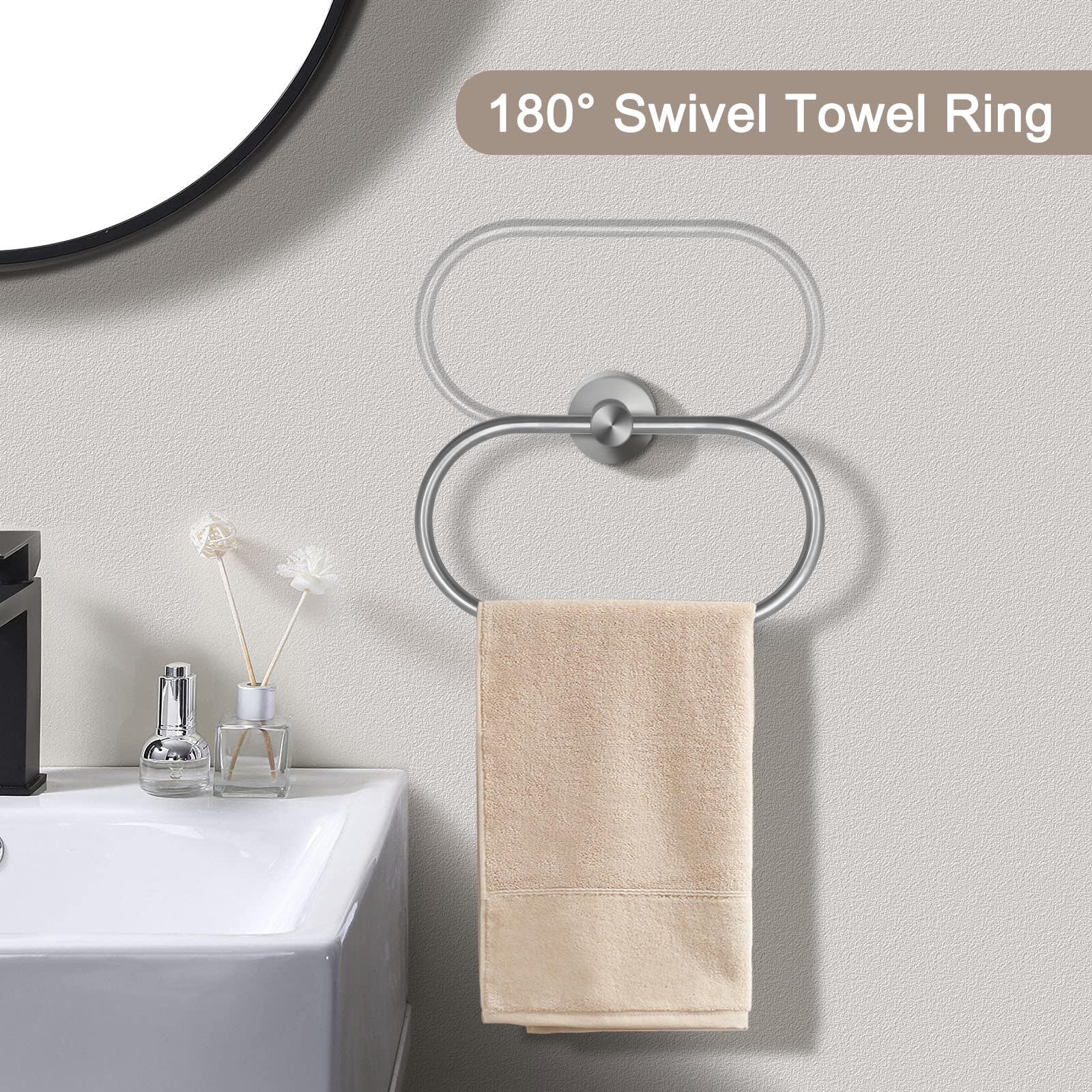 Juego de 7 piezas de accesorios de baño, de acero inoxidable de níquel cepillado, montaje en pared, incluye barra de toalla de 16 pulgadas, soporte para papel higiénico, anillo para toallas, 4 ganchos 5