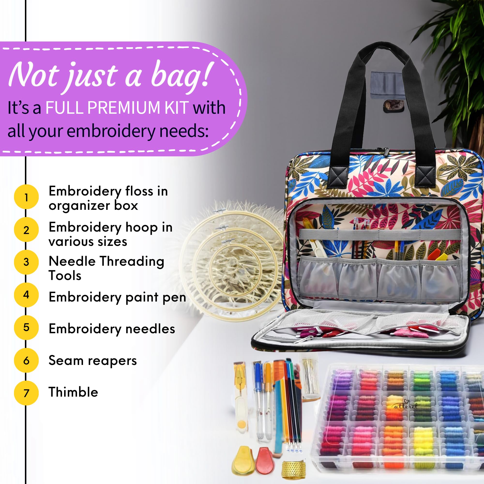 ATTERET Full Range Embroidery and Cross Stitch Starter Kit with Premium Storage Organizer Bag, Includes 99 DMC Coded Cotton Threads, 9 Metallic Floss, 3 Hoops, Needles, Scissors + More (Purple)