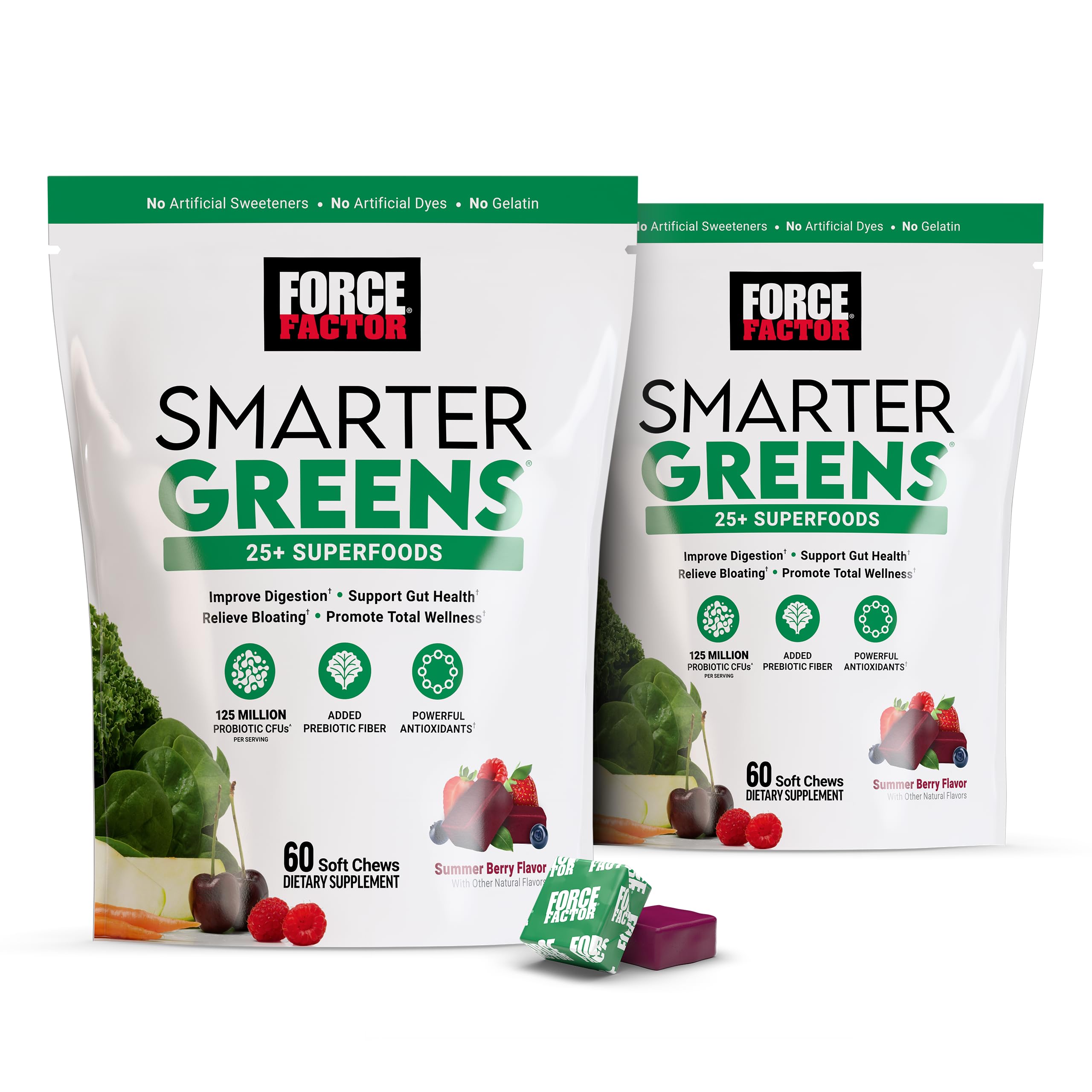 Smarter Greens Superfood Chews, 2-Pack, Greens and Superfoods with Probiotics, Antioxidants, and Fiber, Greens Supplement to Support Digestion, Nitric Oxide, and Energy, 120 Soft Chews
