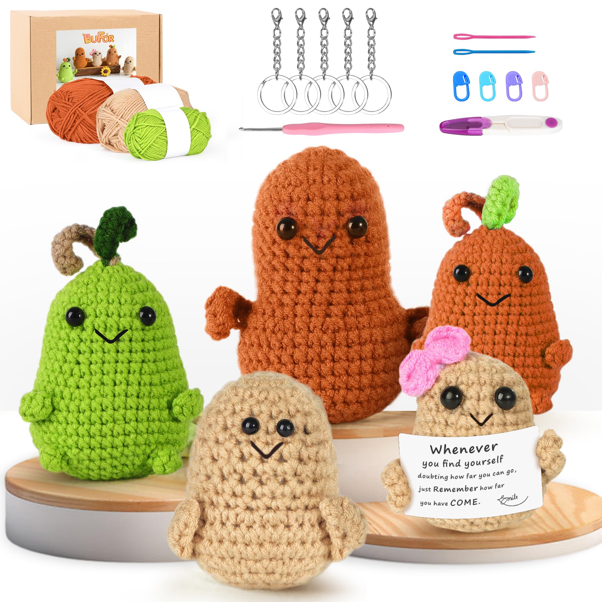 BUFOR Crochet Kit for Beginners, 5 PCS Positive Potatoes, Learn to Crochet Kit for Kids Adults, with Step-by-Step Video Tutorials, Knitting Kit, Plant DIY Crochet Amigurumi Yarn Hook