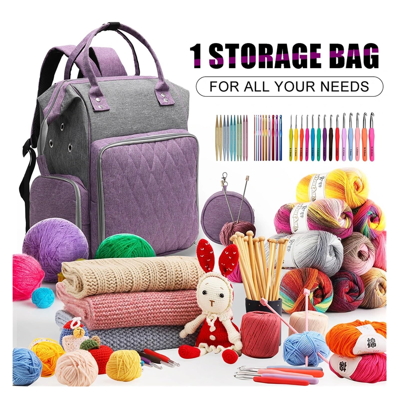 Organizador De Crochet Mochila organizadora de almacenamiento de crochet, bolsas portátiles for tejer, bolsas con divisor interior, almacenamiento de hilo de lana, agujas de radios(PURPLE)