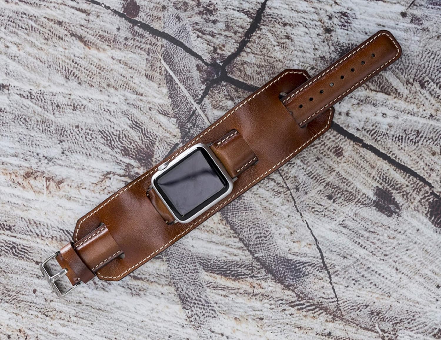 VENOULT Cuff Bands fits to iWatch Series 11-1, Ultra 2-1, Compatible with Apple Watch for Man or Women 49mm, 45mm, 44mm, 41mm, 40mm, Dark Brown Genuine Leather Bull Strap, HANDMADE