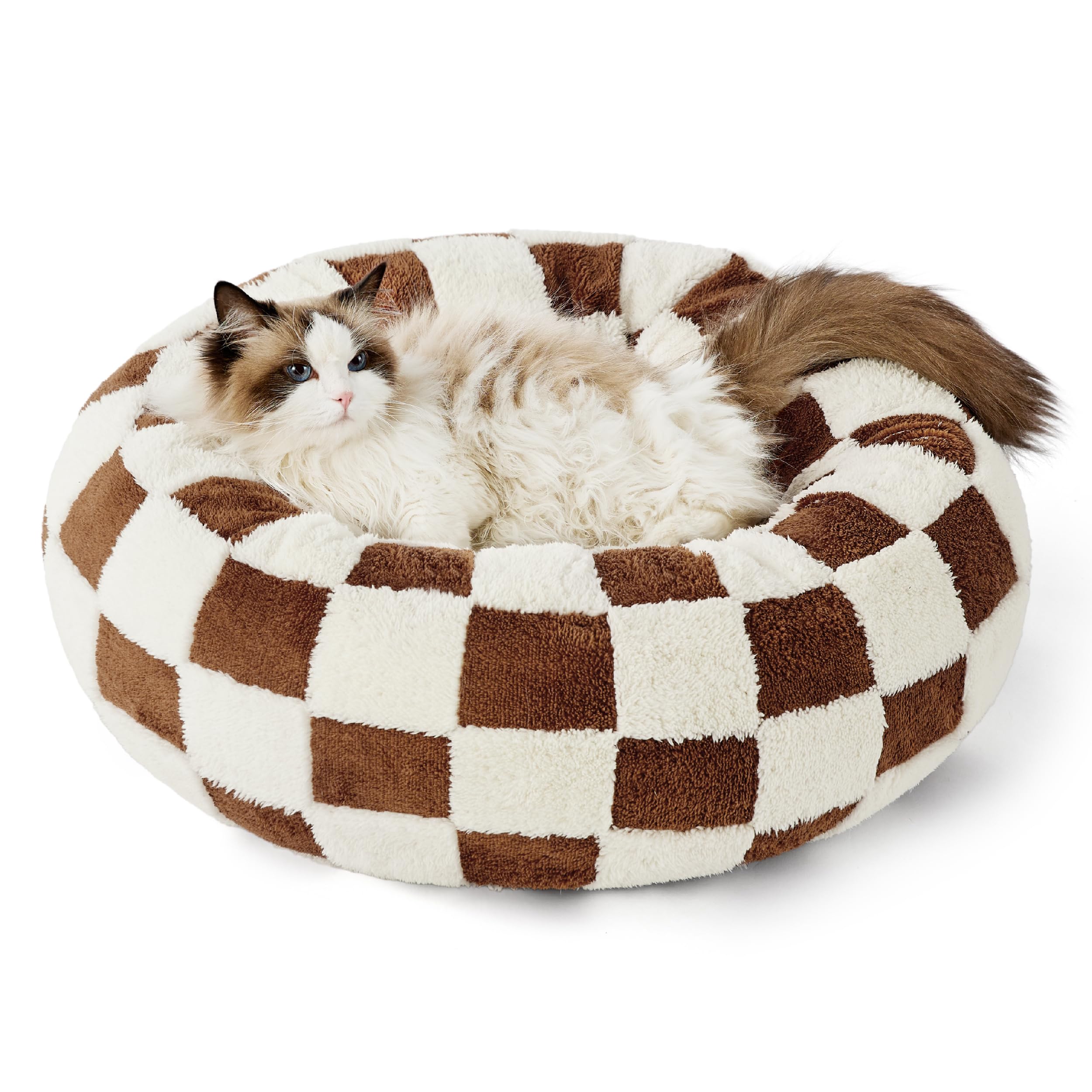 LE SURE Donut Cat Beds for Indoor Cats - Gift for Pets with Washable Cover, Cute Modern Puppy Beds with Jacquard Shaggy Plush & Anti Slip Bottom, 20 Inch, Brown