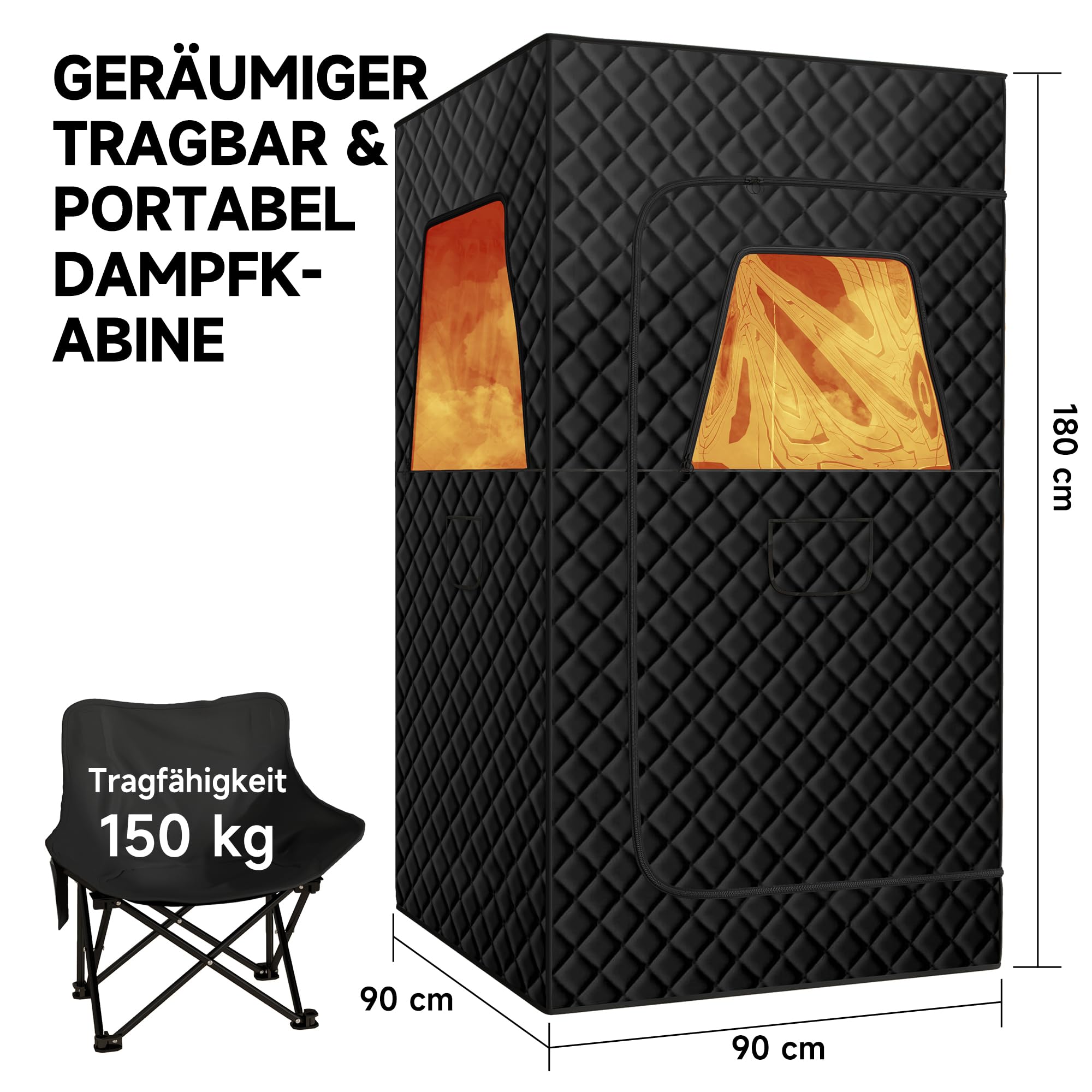 Tragbare Dampfsauna für Zuhause mit 3L/1500W Dampferzeuger & 9 Wärmestufen,inkl. Fernbedienung und Klappstuhl,Schwarzes Saunazelt für Fitness,Pilates, Garage und Wellnessbereich