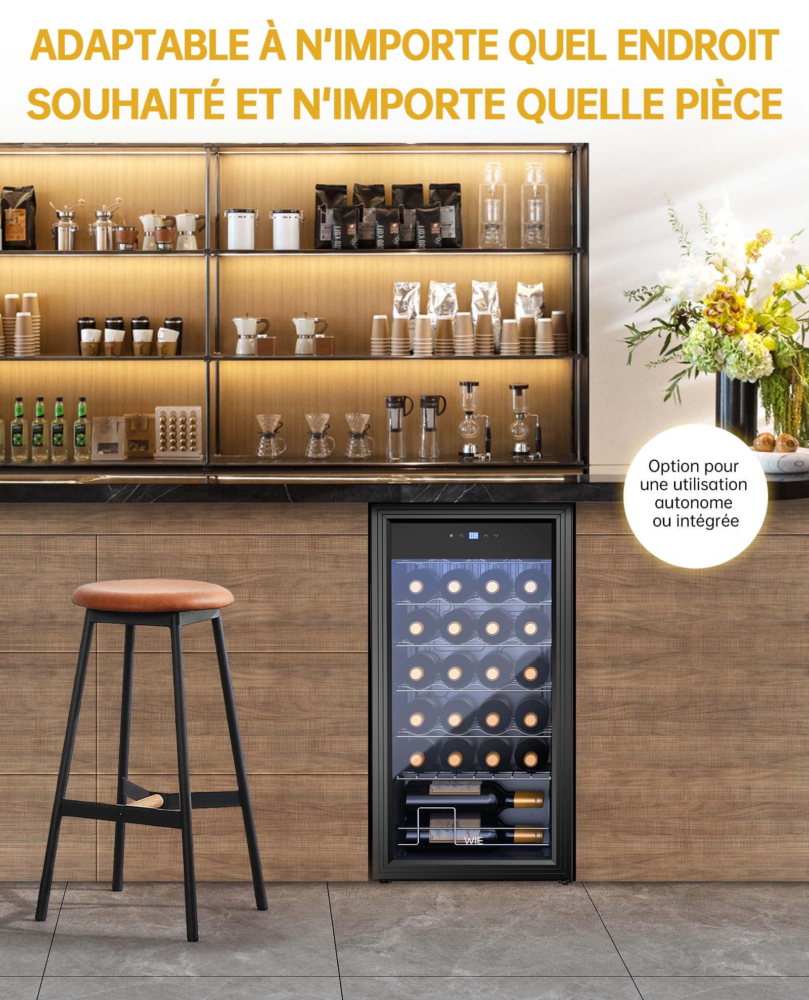 WIE Cave à Vin, Réfrigérateur à Vin en Verre, Cave a Vin Encastrable, Cave a Vin Vieillissement, Bar Intérieur/Extérieur, Frigo Vin, Protection UV, 5-18°C, 28 Bouteilles