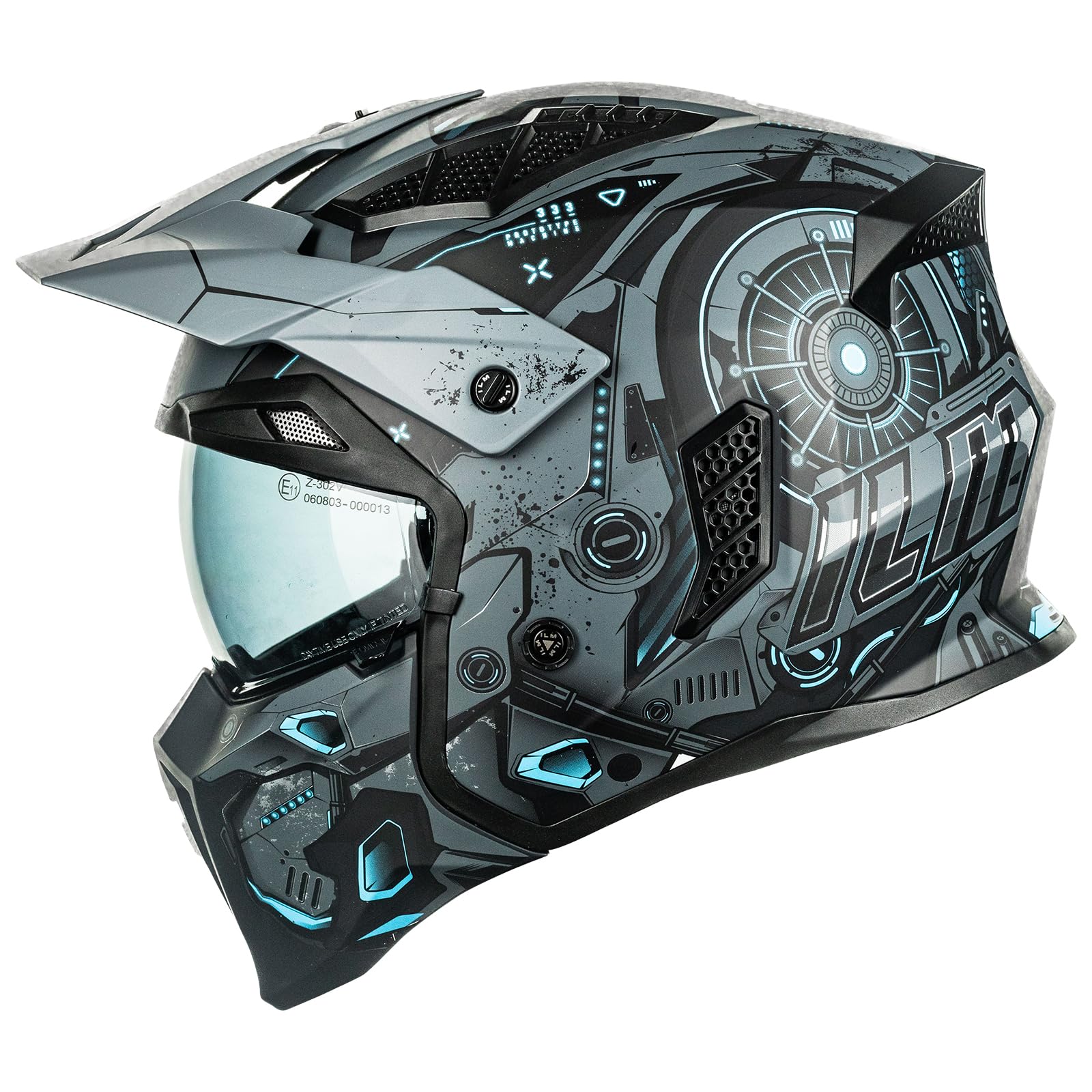 ILM Helm Motorrad Motocross Herren Damen Vintage Retro mit Visier ECE Model Z302,SciFiBlau,M