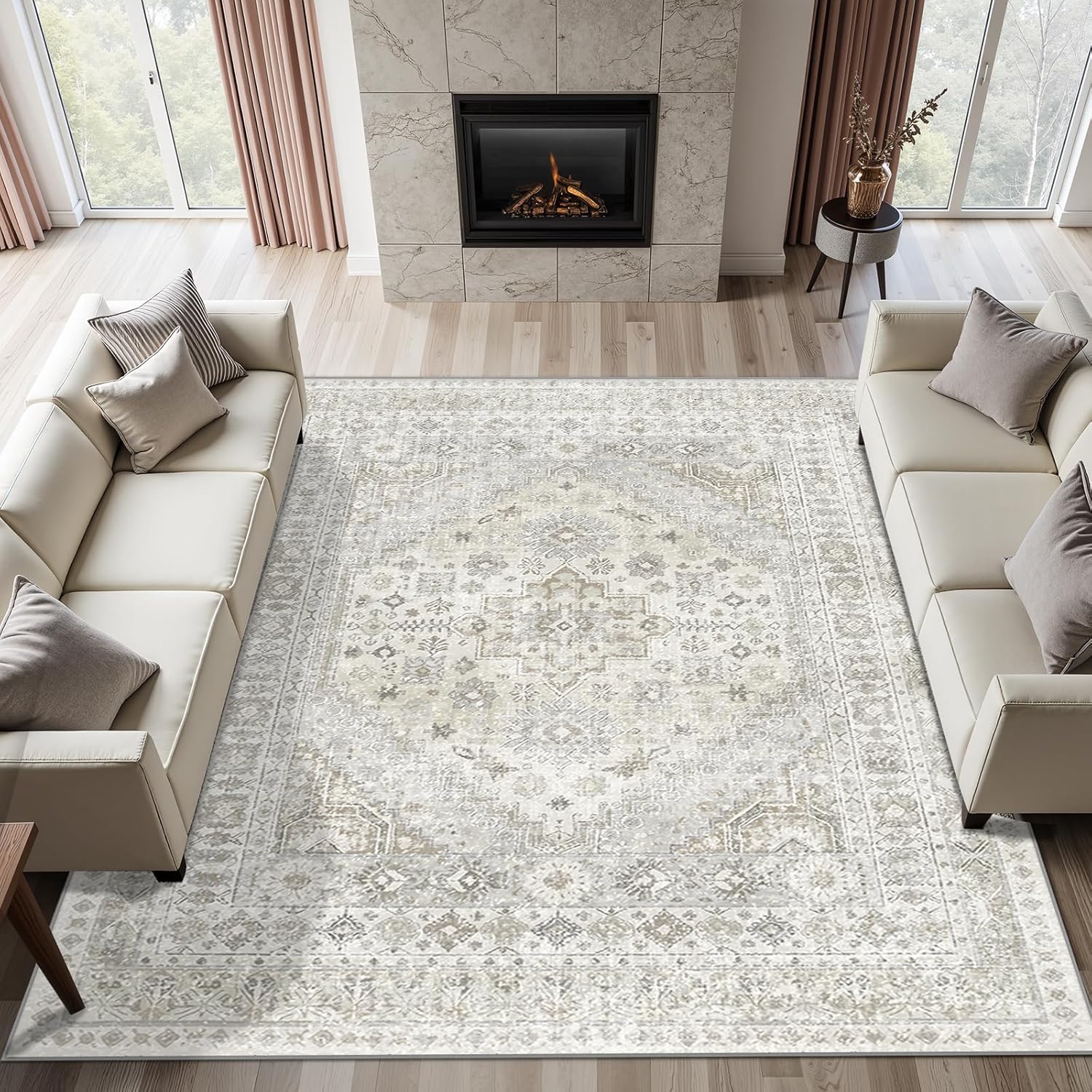 Vintage Area Rug 6x9 - Machine Washable Non Slip Carpet, Low Pile Soft Chenille Floor Rug for Living Room, Bedroom, Dining Room, Office - Distressed Traditional Floral Design, Grey (6*9, Vintage003)