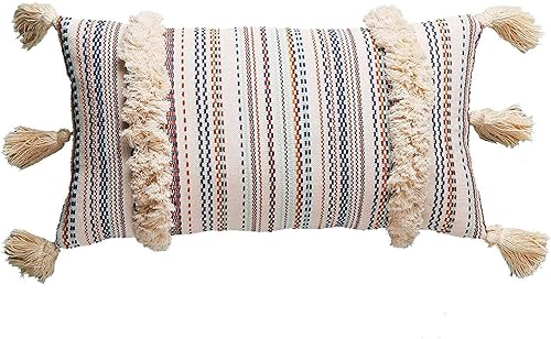 Flber Almohada lumbar decorativa con borlas tejidas texturizadas, 12 x 20 pulgadas