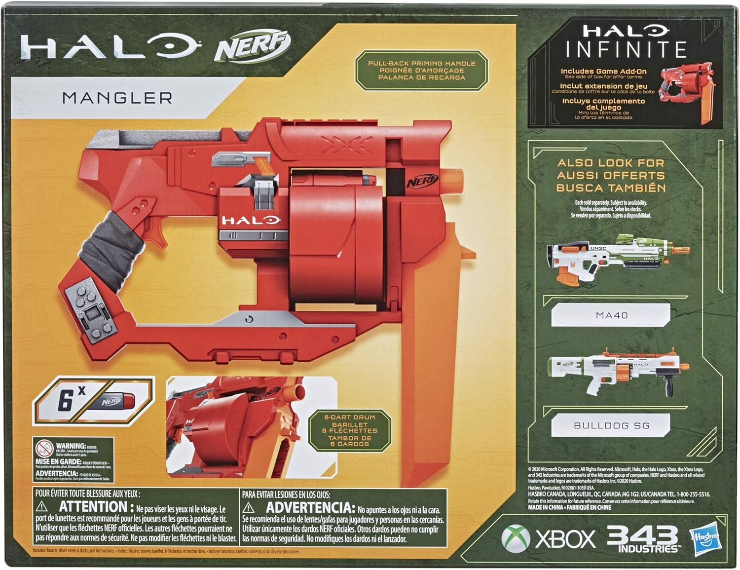 Nerf Halo Mangler Dart Blaster - Pull-Back Priming Handle, Rotating 6-Dart Drum - Includes 6 Official Elite Darts