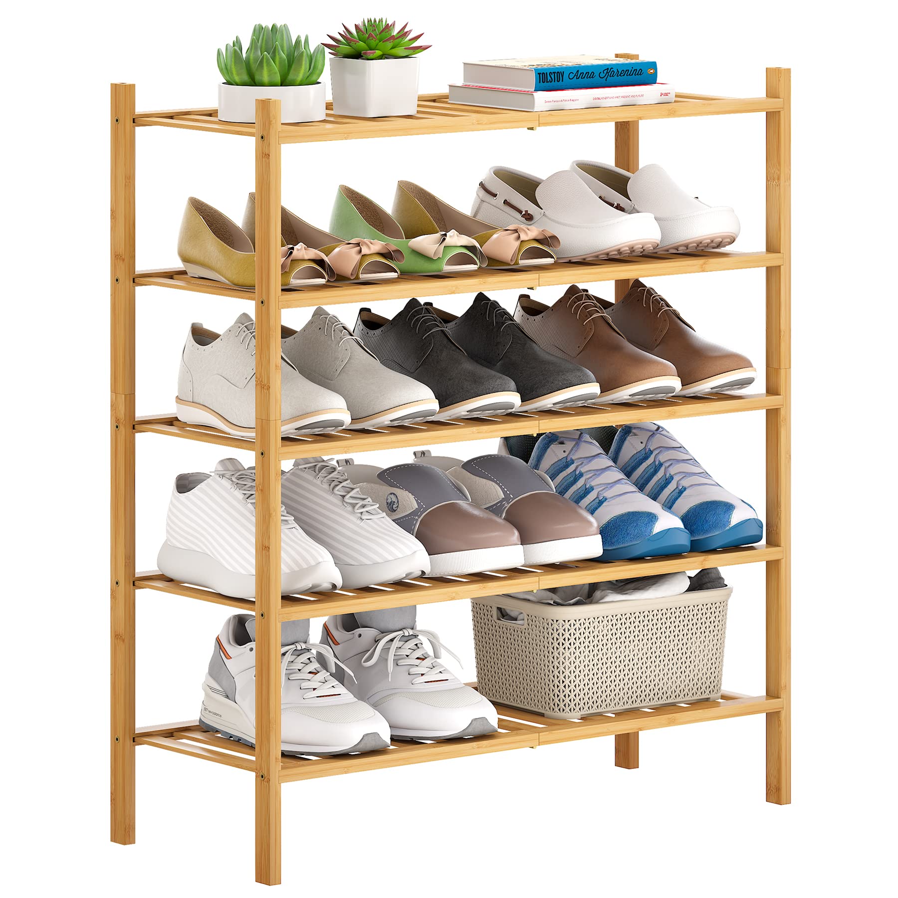 FILWH Bamboo Shoe Rack Stackable Storage Organizer for Unit Entryway Hallway and Closet Sturdy Freestanding Shoe Shelf(5 Tier Natural)