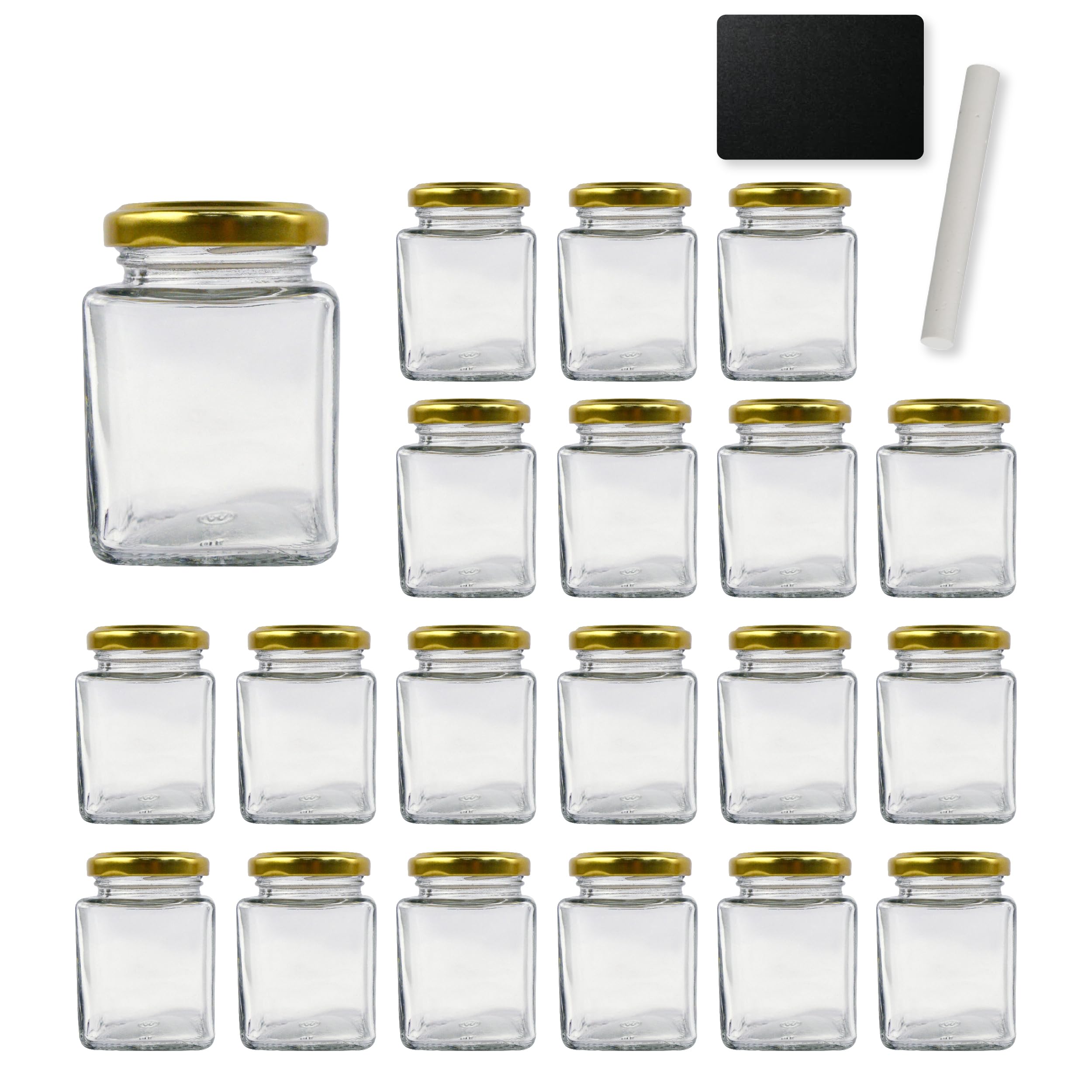 Espirito Rebelde 20 vasetti di vetro quadrato per spezie, 100 ml, con coperchio + 20 ardesie + gesso, barattoli portaoggetti da cucina, spezie, marmellata, yogurt