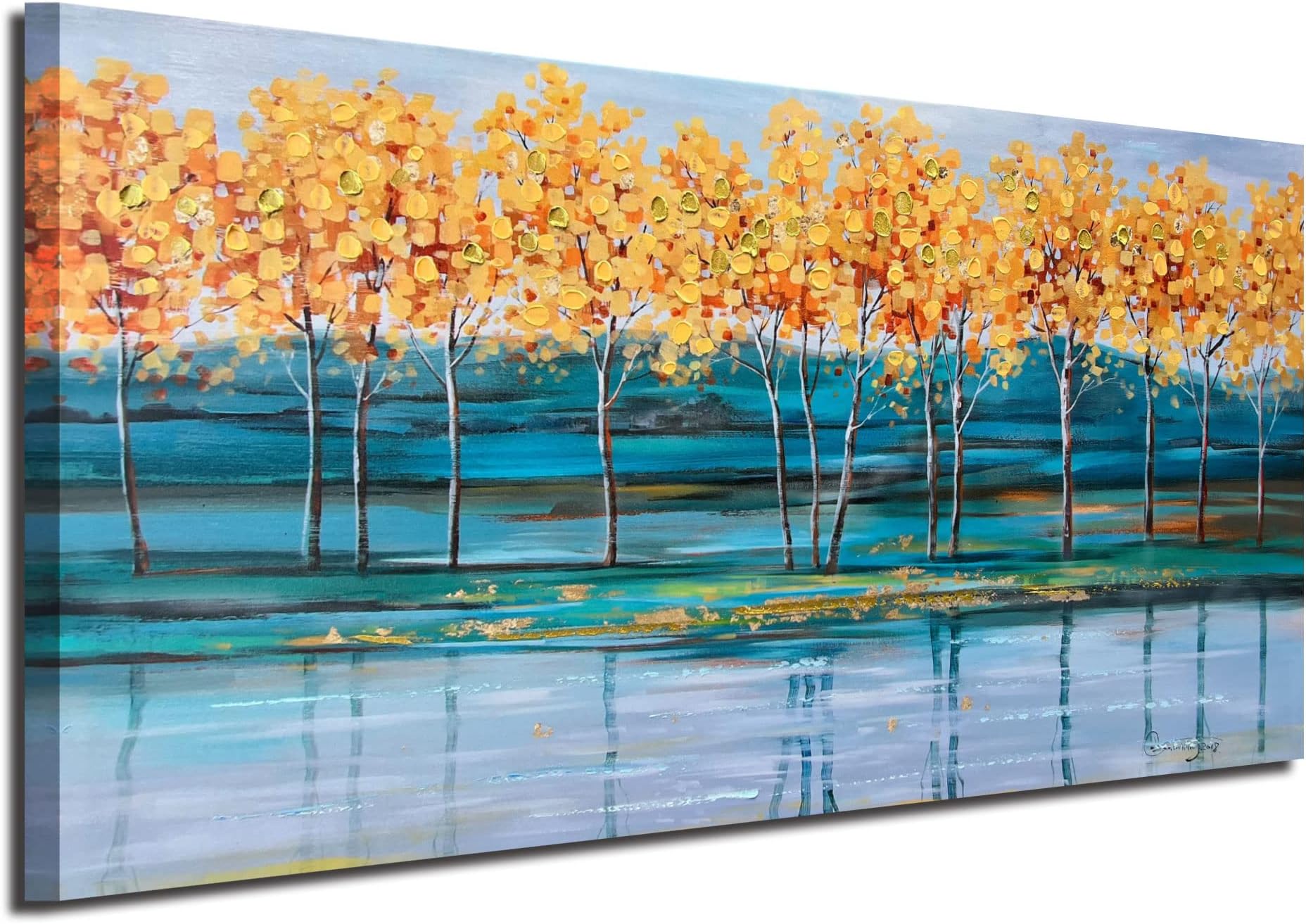 ArdemyGold Ginkgo Trees Canvas Wall Art Nature Painting Modern Blue Landscape Mountain Artwork, Abstract Teal Scenery Picture Large Size Framed for Living Room Bedroom Bathroom Home Office Wall Decor