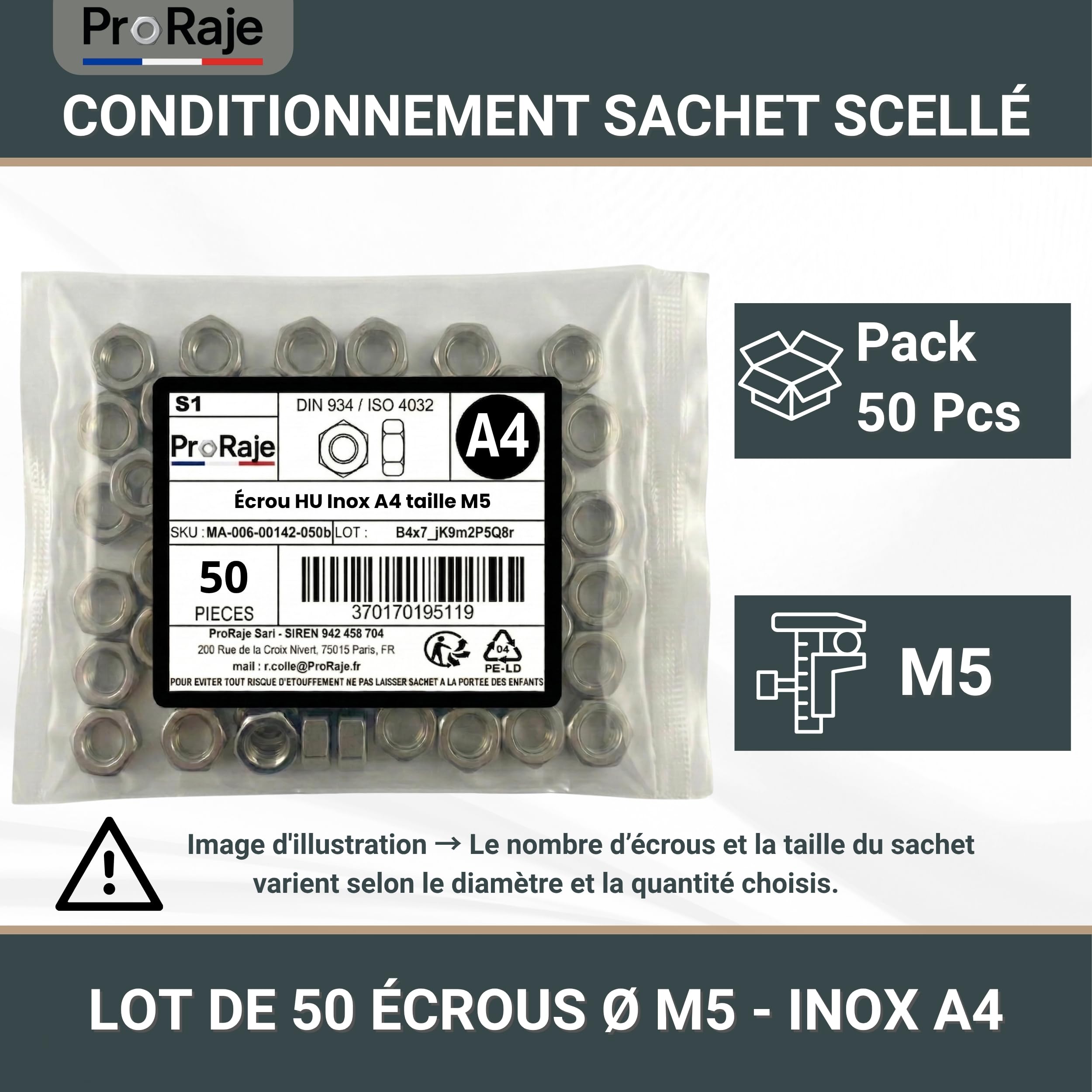 Dado inox M5 esagonale HU in acciaio inox A4 per viti, aste filettate, bulloni Ø 5 mm / diam. 5 mm | Dadi DIN 934/ISO 4032 | Viteria inox A4-80 (V4A/316): set di 50 pezzi