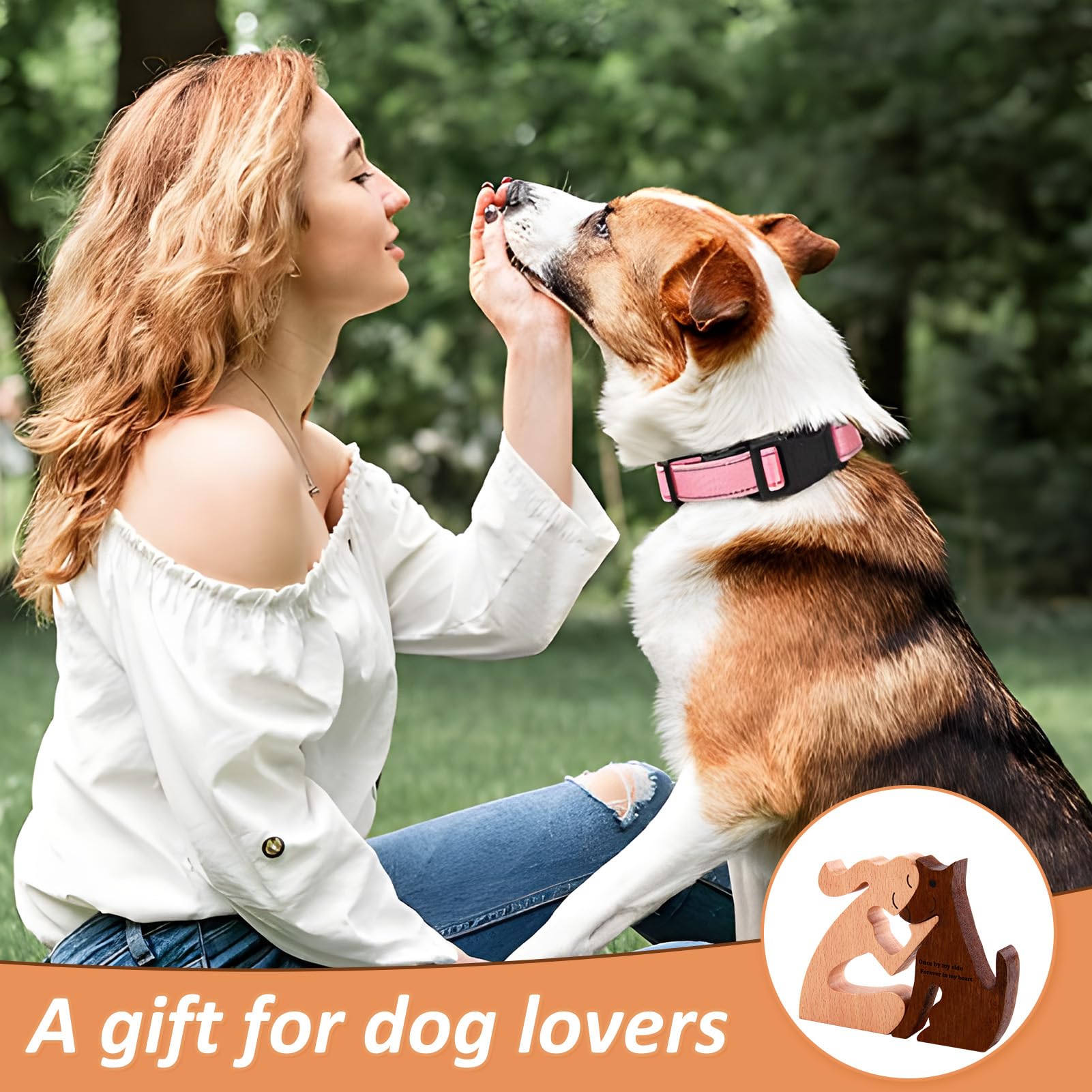 Statuetta Artigianale in Legno a Forma di Cane e Donna, Scultura in Legno di Faggio e Noce, Ricordo Speciale per Amanti dei Cani e Idee Regalo Commemorative Decorazione d'Amore