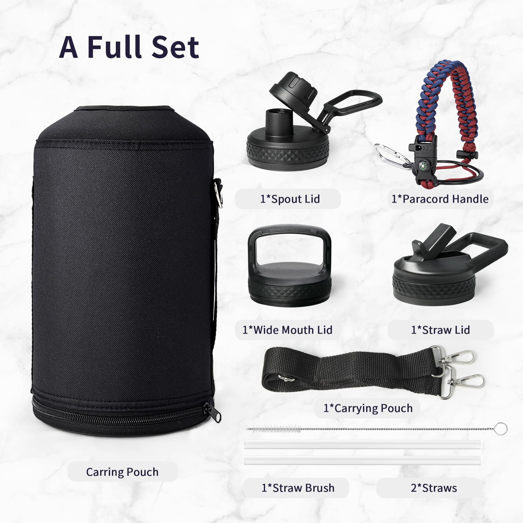 Trebo - Botella de agua de 1 galón aislada con asa de paracord y pajita, jarra grande de acero inoxidable de 128 oz con aislamiento de doble pared al vacío, mantiene el hielo frío durante 48 horas