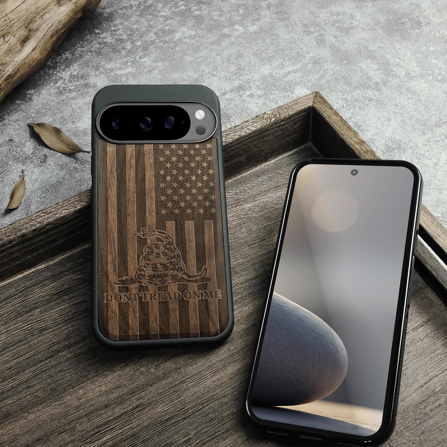 Carveit Magnetic Wooden Case for Google Pixel 10 / Pixel 10 Pro Case, Wood Engraved & Soft TPU Shockproof Cover, Compatible with MagSafe Wireless Chargers (Gadsden and The American Flag) Walnut