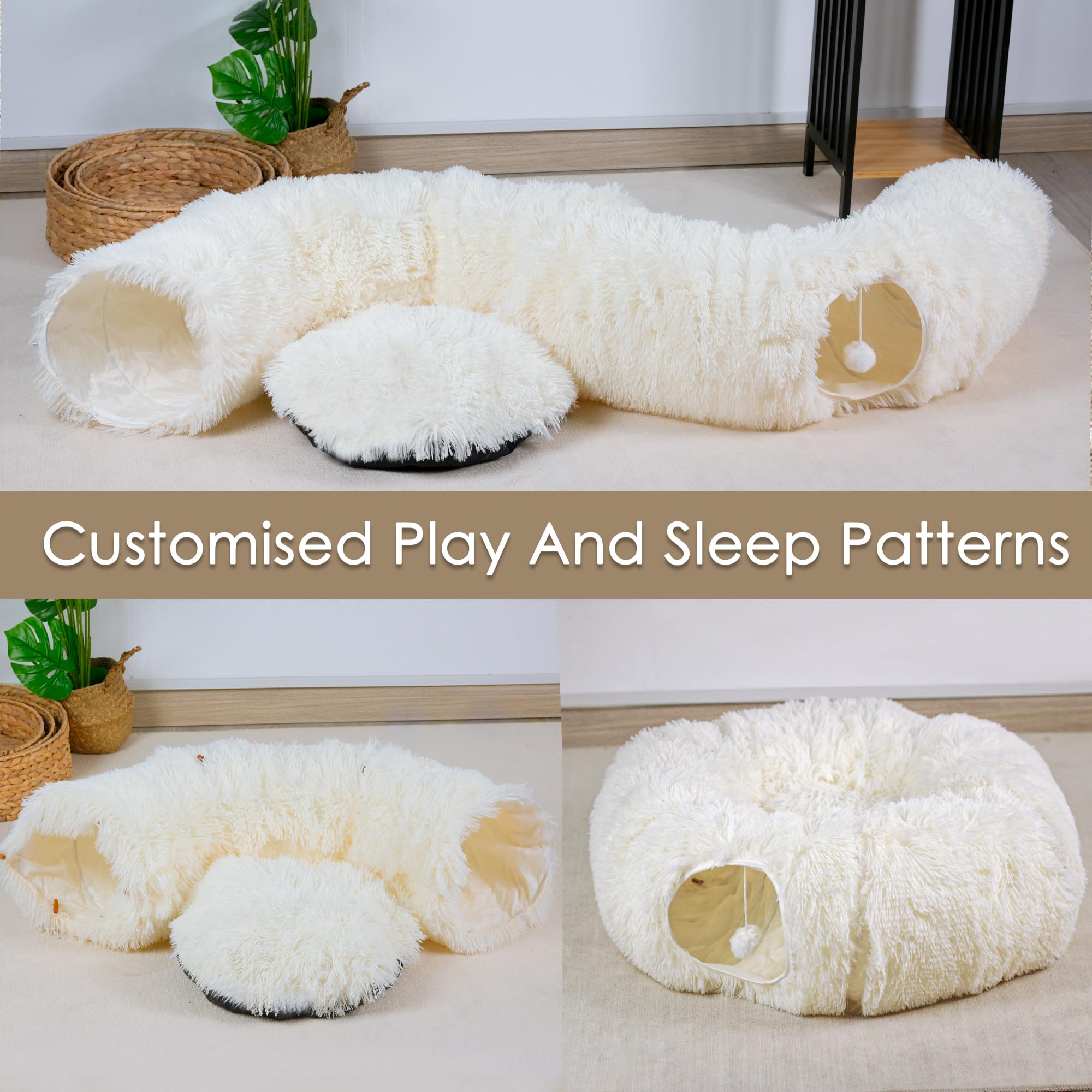 Catasaurus Peekaboo - Cama tipo túnel para gatos de interior, con alfombrilla de juego suave lavable, tubo peludo, para gatito/cachorro/conejo, beige-N
