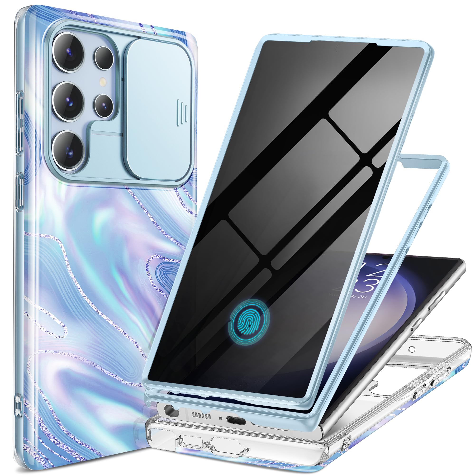 GVIEWIN for Samsung Galaxy S23 Ultra Case, [Slide Camera Cover & Built-in Anti-Spy Privacy Screen Protector] [2 Front Frames] Shockproof Military Grade Marble Phone Case for S23 Ultra 6.8" (Aurora)
