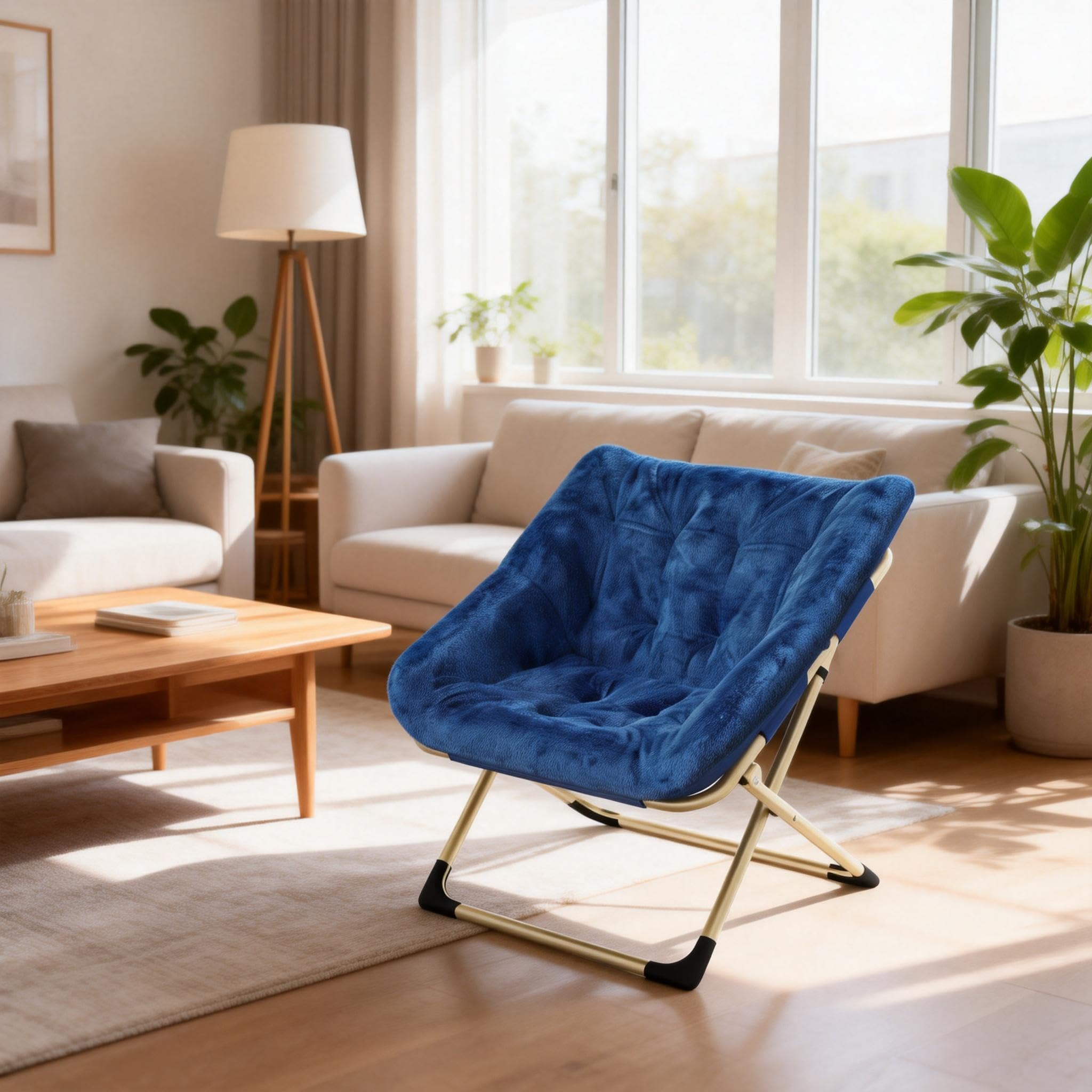 Garvee Silla Plegable Tipo Luna para Adultos, Sillón Lounge Cómodo con Estructura De Acero y Pelo Sintético Suave, Sin Montaje, para Salón, Dormitorio o Apartamento, Azul