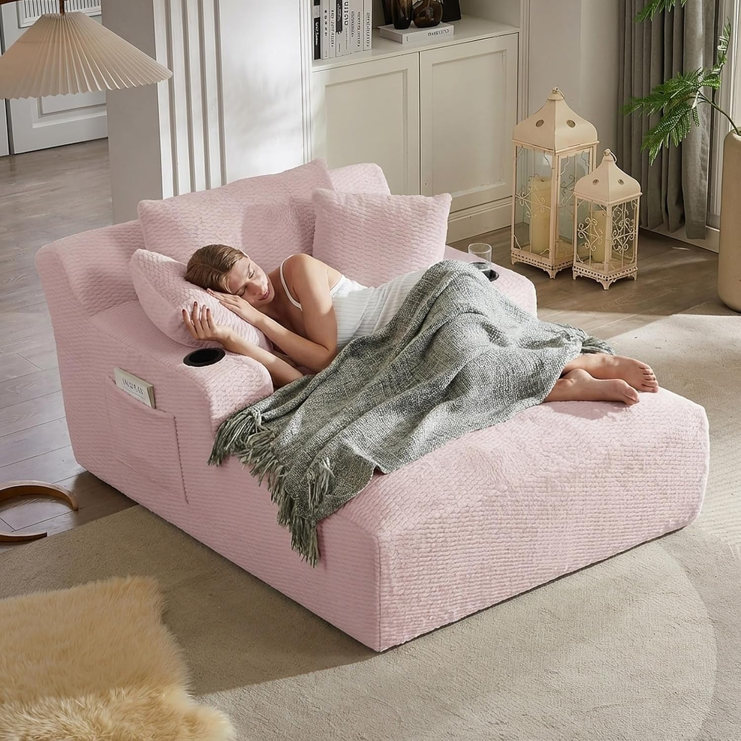 ODUWA Oversized Pink Faux Fur Chaise Lounge Chair - No Assembly Boneless Cloud Couch with Pockets & Cup Holders