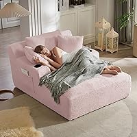 ODUWA Oversized Pink Faux Fur Chaise Lounge Chair - No Assembly Boneless Cloud Couch with Pockets & Cup Holders