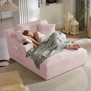 ODUWA Oversized Pink Faux Fur Chaise Lounge Chair - No Assembly Boneless Cloud Couch with Pockets & Cup Holders