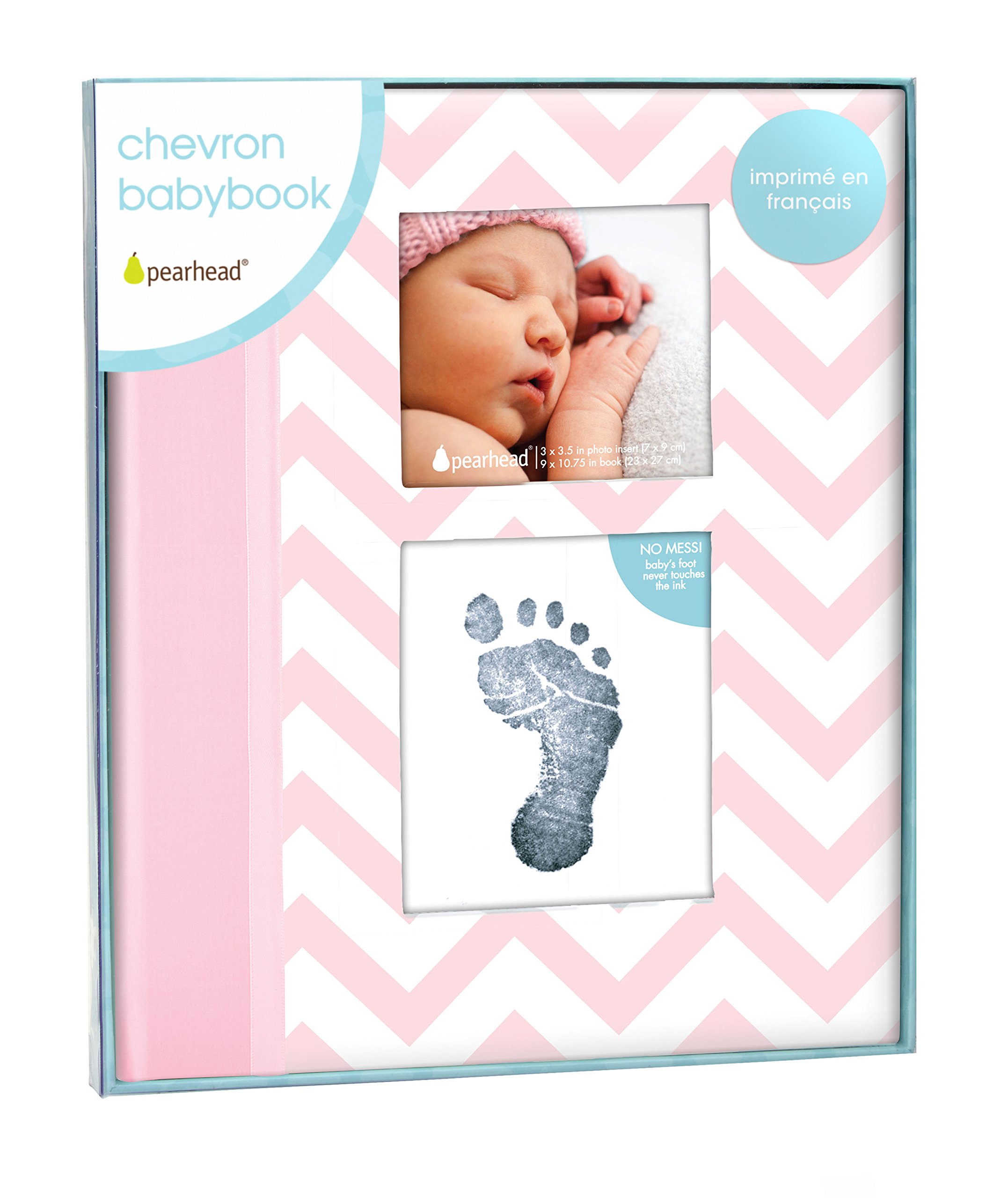 Pearhead First 5 Years Chevron Baby Memory Book with Included Clean-Touch Baby Safe Ink Pad to Create Baby's Handprint or Footprint, Keepsake Milestone Journal, French Language, Pink