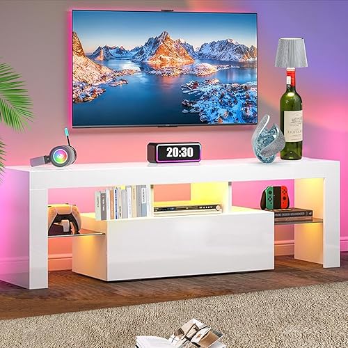 Miniatura 5 de HOUAGI Soporte de TV LED para TV de hasta 75 pulgadas, moderno centro de entretenimiento de alto brillo con estante abierto, mesa consola de soporte