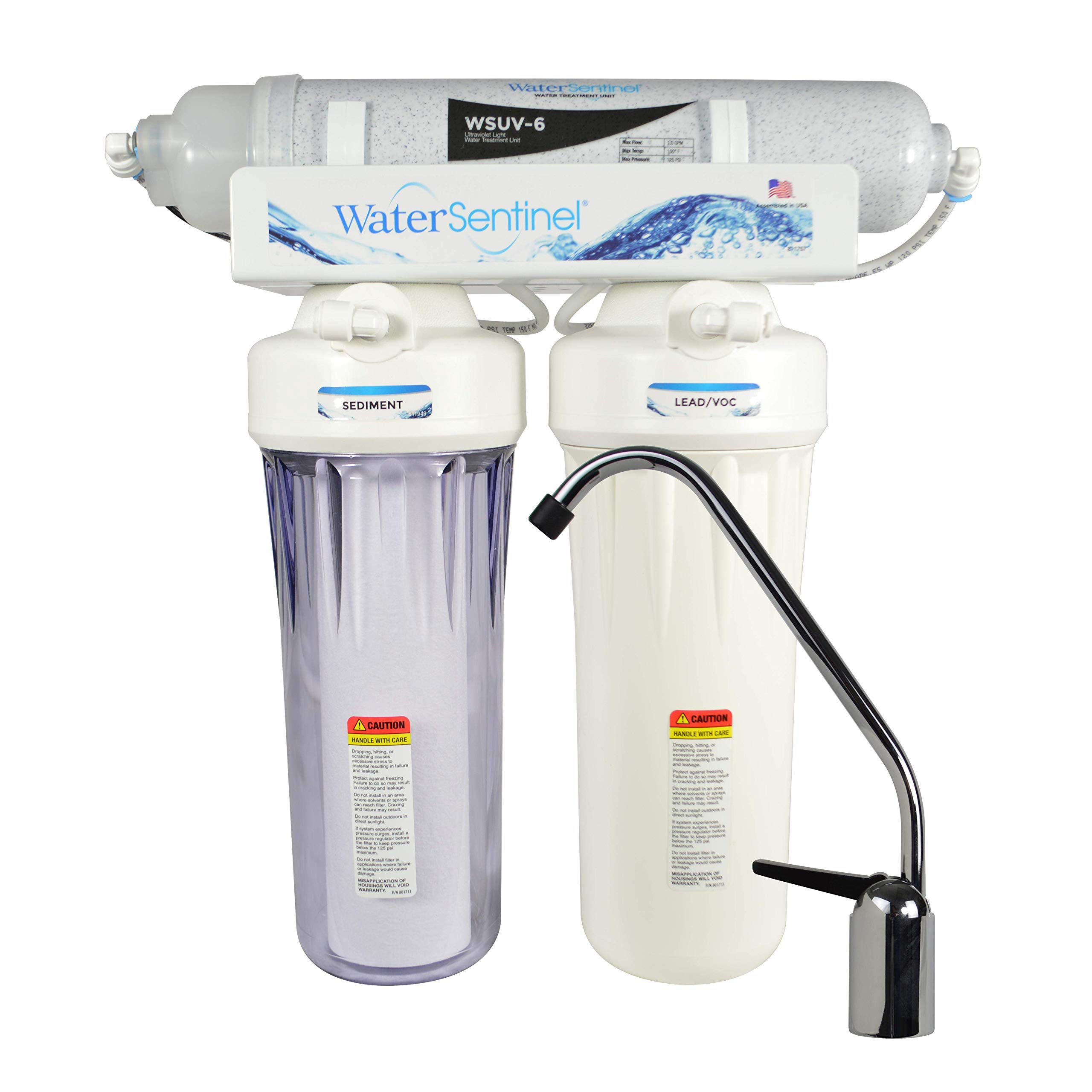 WaterSentinel WS-UV3LCV Advanced 3 Stage Under Sink Filter for Fresh Drinking Water Filtration System, 5 Micron Capacity Sediment Filter, VOC Carbon Block, Kitchen Faucet Dispenser UV Filter, BPA Free