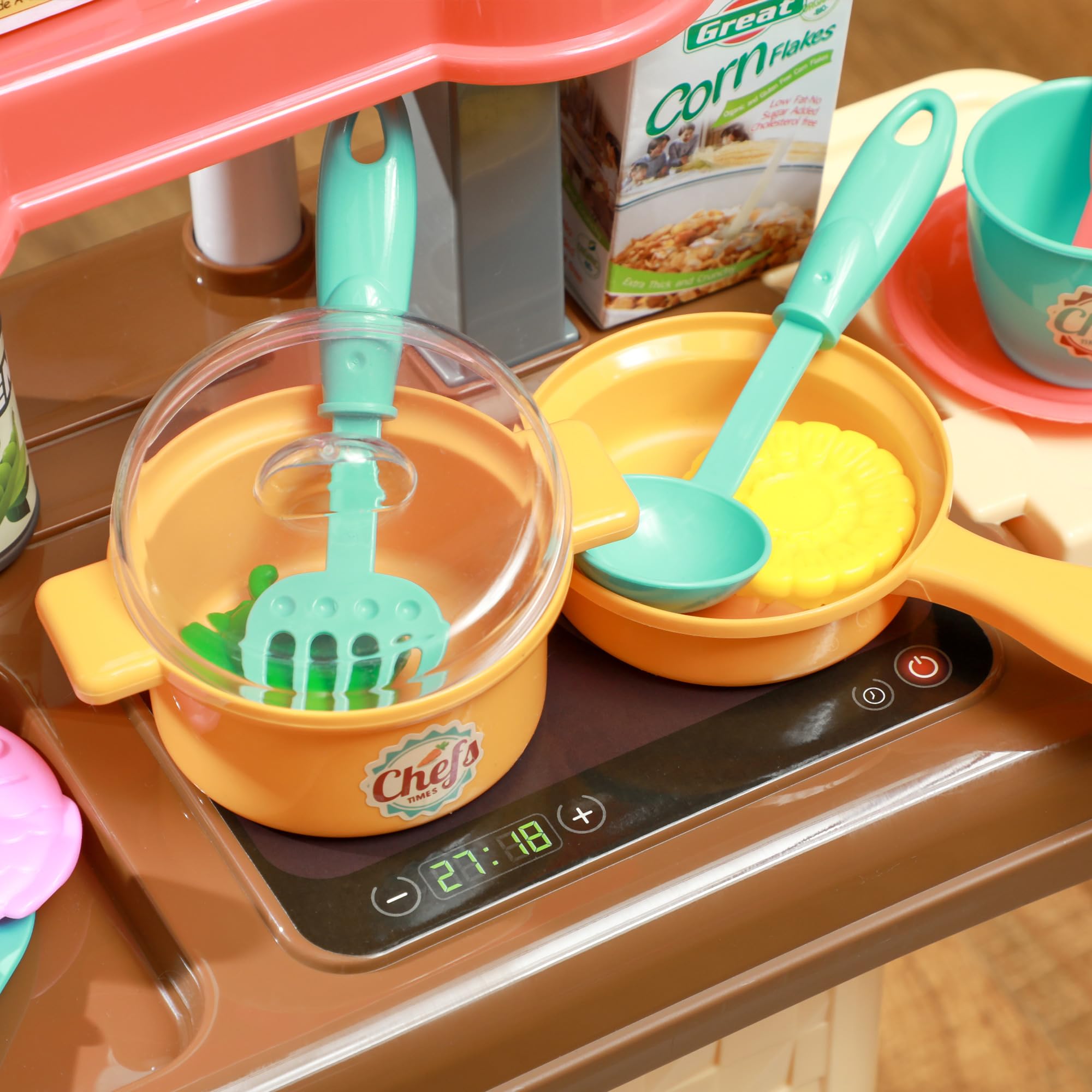 AIYAPLAY Gioco per Bambini 3 in 1 da 36 Pezzi con Tavolo per Posate, Tavolo da Pranzo e Trolley, Cucina Giocattolo in PP e ABS, 48x26x64 cm, Multicolore