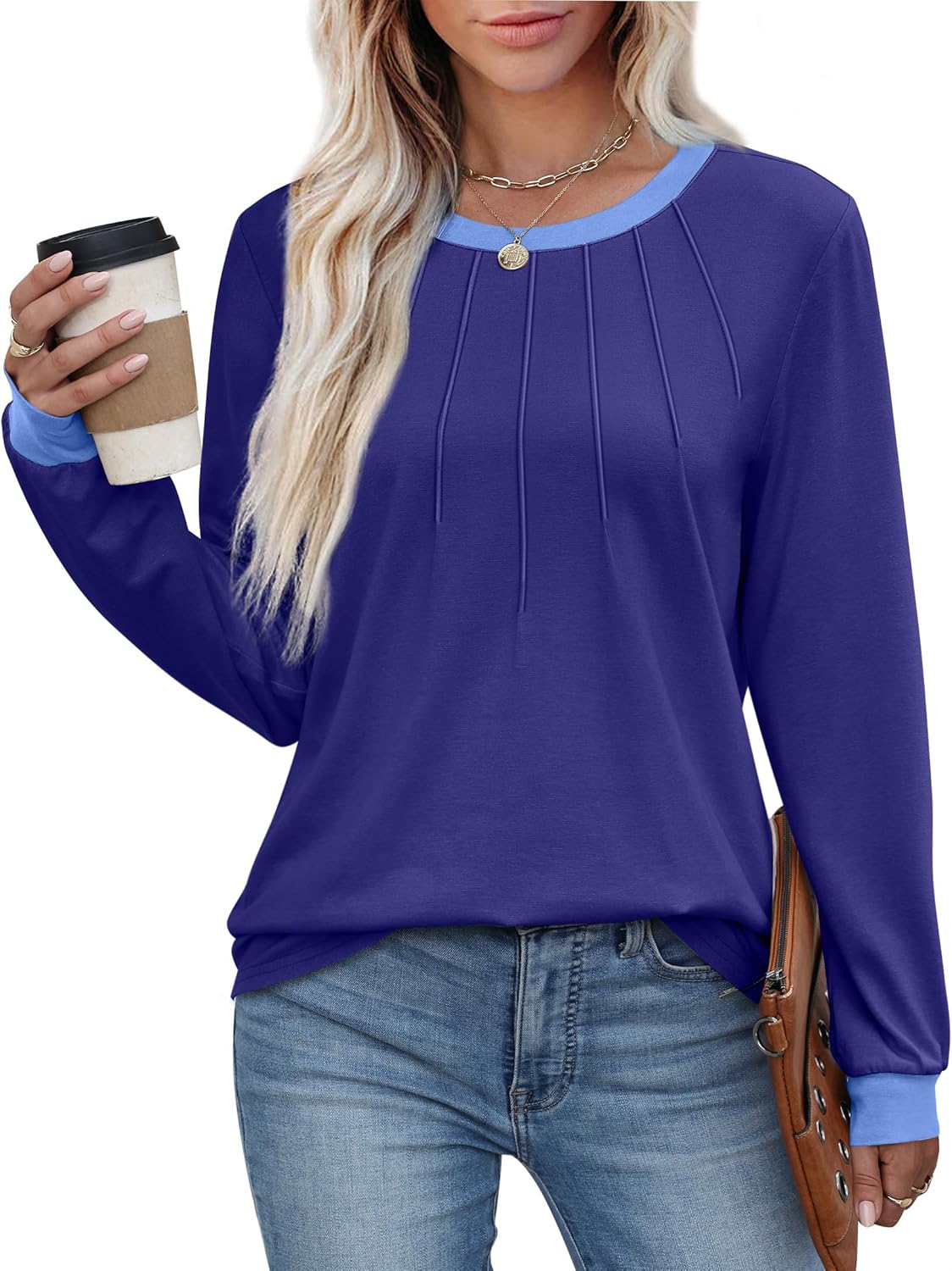 XIEERDUO Womens Long Sleeve Tops Color Block Casual Crewneck Tops Tshirt Basic Tee Fall Fashion Clothes Trendy Outfits - Image 3