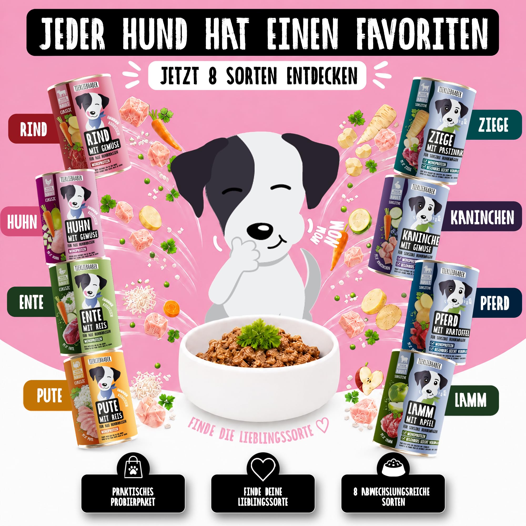 Hundefutter Nass 800g Probierpaket 8 Sorten – Hunde Nassfutter Wet Dog Food | Tierärztlich entwickeltes Hundenassfutter 800g Dosen mit hohem Fleischanteil – Leicht verdaulich von TIERLIEBHABER