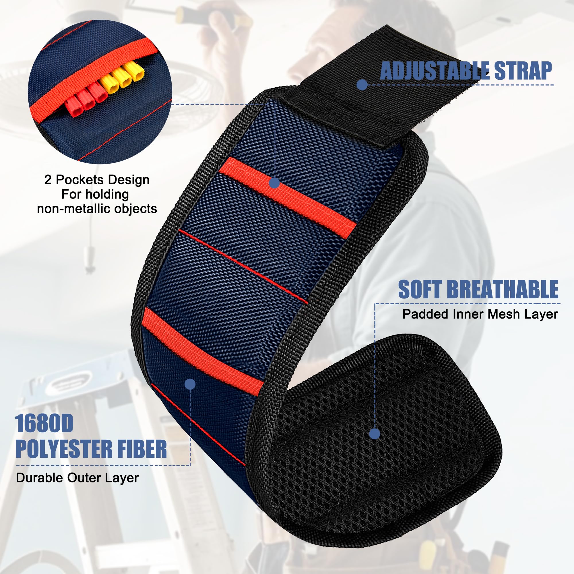 Polsino Magnetico Braccialetto Per Attrezzi Fai Da Te Tiene Viti Chiodi Punta Del Trapano Padri Fidanzati Tuttofare Elettricisti, Blu