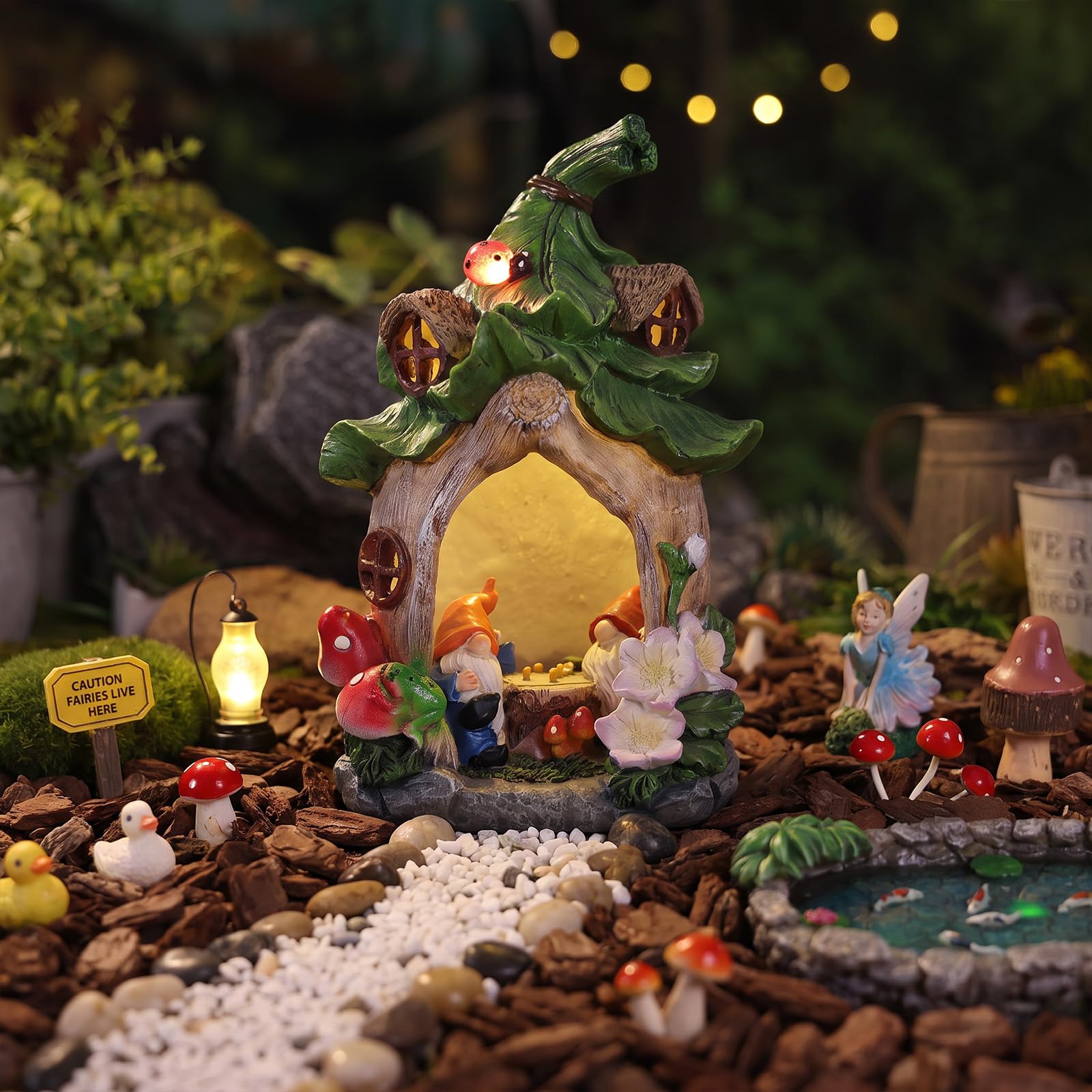 Statue da giardino per casa delle fate all'aperto, accessori con luci solari gnomi giardinaggio, regali di compleanno per donne, mamma, nonna, scultura per casa, decorazioni da giardino per cortile,