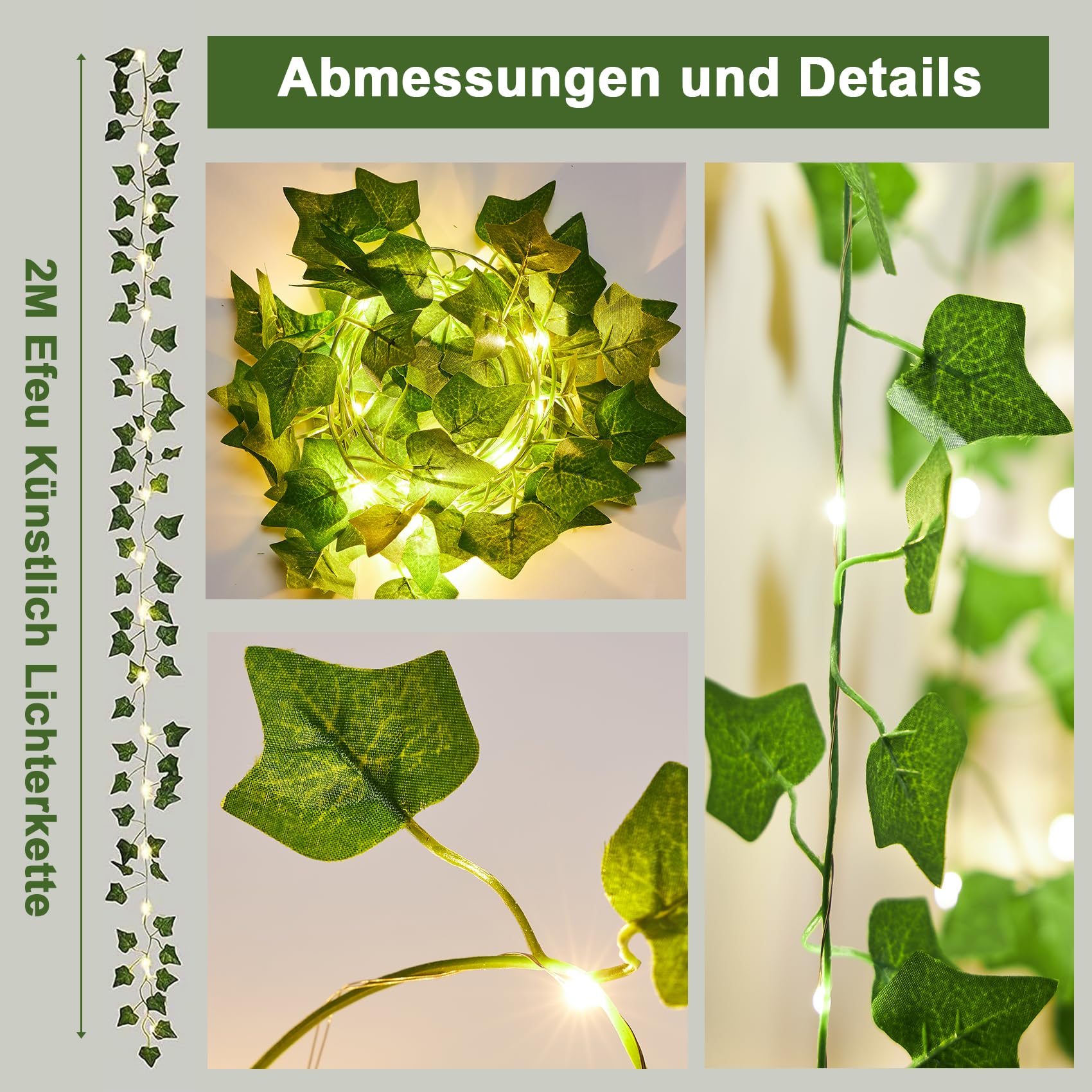 Tenda luminosa 2x2m, Catene Luminose ghirlanda di edera con 200 LED Stringa Luci 8 modalità, luci fatate edera artificiale per Interni Esterni matrimonio finestra parete stanza festa Natale