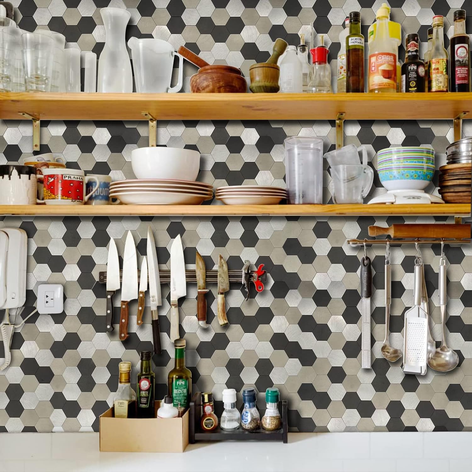6-Pack 12"x12" Hexagonal Aluminum Peel and Stick Tile Backsplash, Black, Grey and Brushed Metal