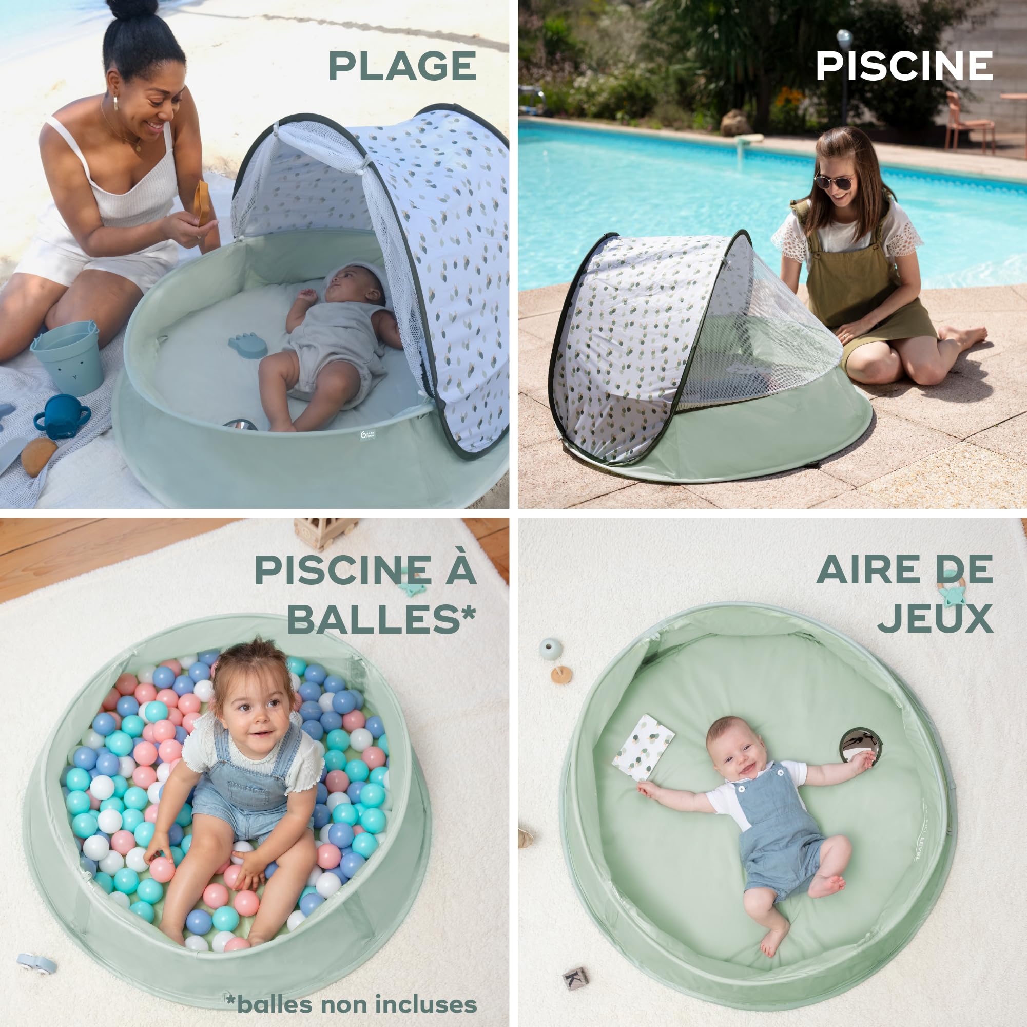 Babymoov Aquani Provence, 3 en 1 Aire de Jeux, Piscine et Tente Anti-UV FPS 50+ pour bébé, Moustiquaire et Auvent rabattables, Matelas d'éveil & Jouets Inclus, Dès la naissance
