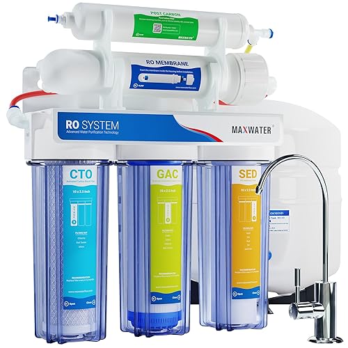 Max Water Sistema estándar de filtración de agua de 5 etapas 50 GPD (galones por día) RO (ósmosis inversa) - Montaje en pared (con tanque y grifo) -