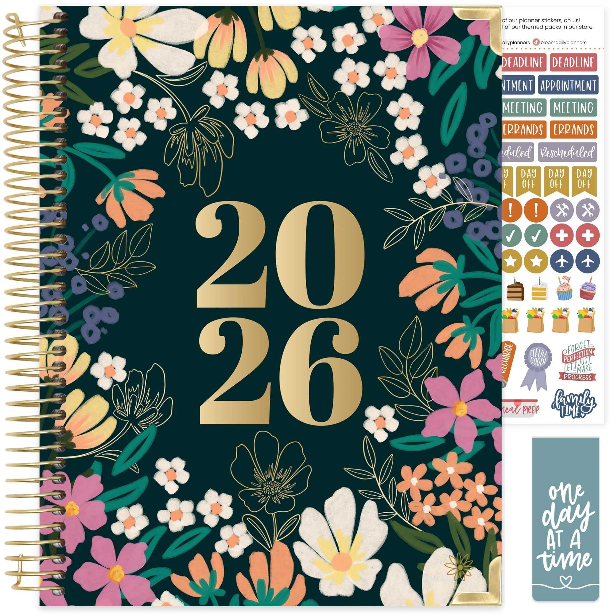 bloom daily planners HARDCOVER Planer 2026 (od stycznia do grudnia) - 21,5 cm x 28 cm tygodniowy i miesięczny organizer z naklejkami i zakładkami - kwitnąca dziko
