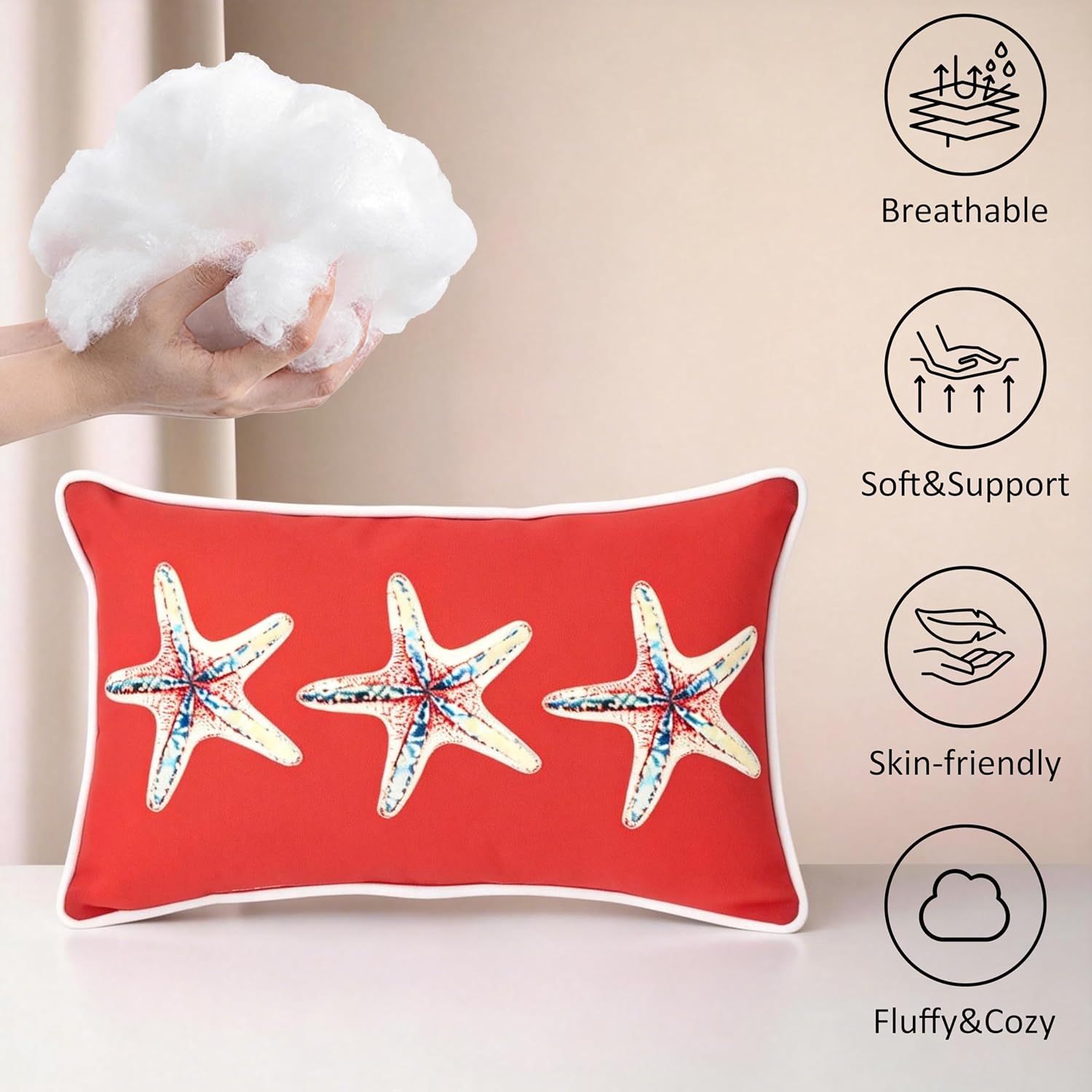 Outdoor Lumbar Pillows 12x20 Throw Pillow Set of 4 Fade Resistant & Water Resistant Decorative Lumbar Pillows for Patio,Garden,Couch,Furniture,Sofa,Bed,Living Room,Reef Scarlet Starfish