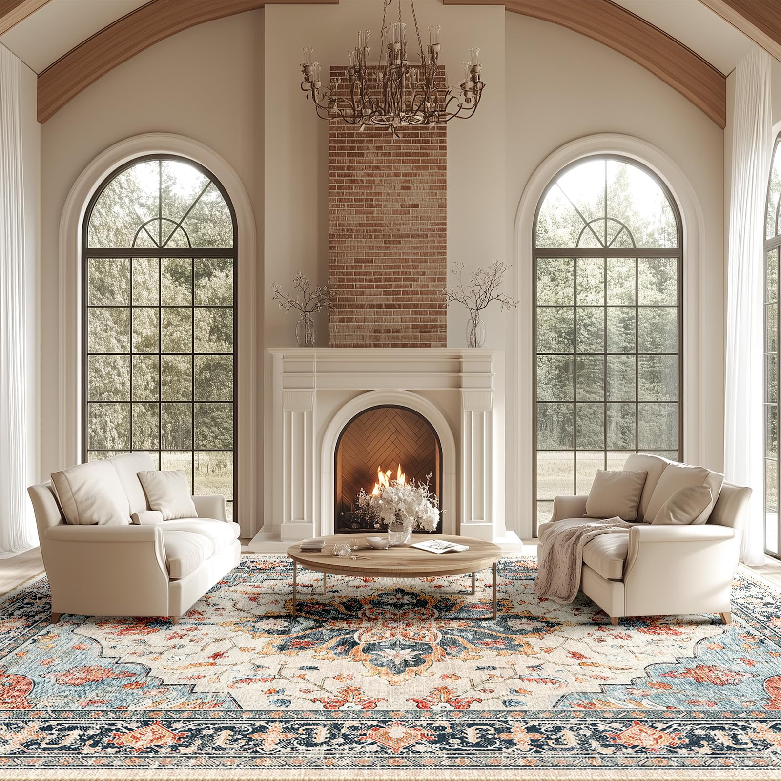 RELEANY Area Rugs 10'x14' Washable Non-Slip, Floral Vintage Distress Print Pattern Medallion Carpet for Living Room Bedroom Dining Room, Beige Navy