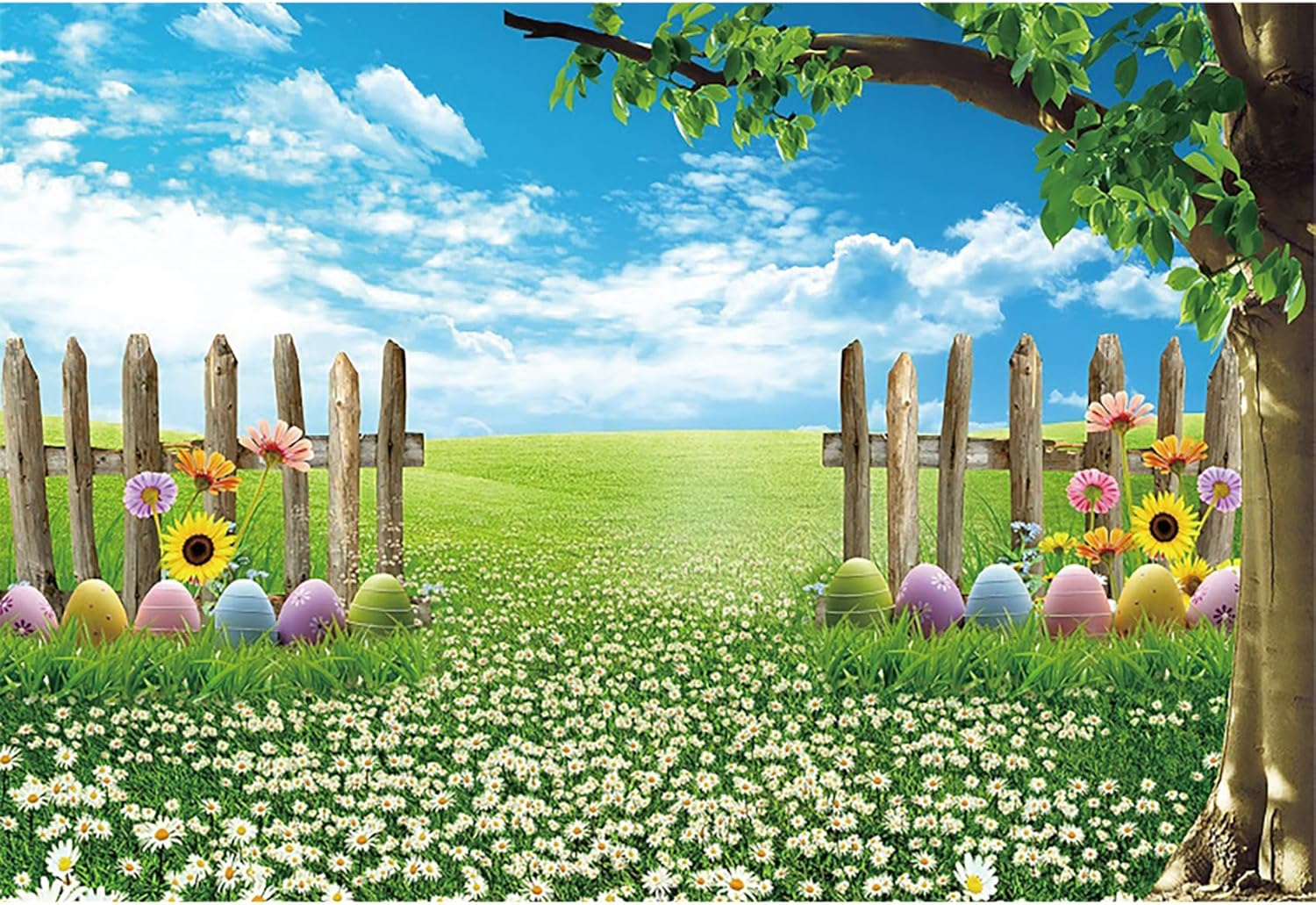 10x8ft Happy Easter Photography Backdrop Spring Garden Flower Fence Colorful Eggs Background Green Grass Floral Baby Kids Portrait Party Decor Banner Photo Booth Studio Vinyl