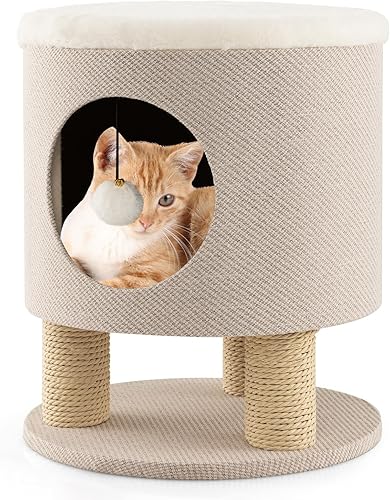 Tangkula Taburete de condominio para gatos de interior, otomana de casa de mascotas y cama para gatitos con postes rascadores y juguete de bola de