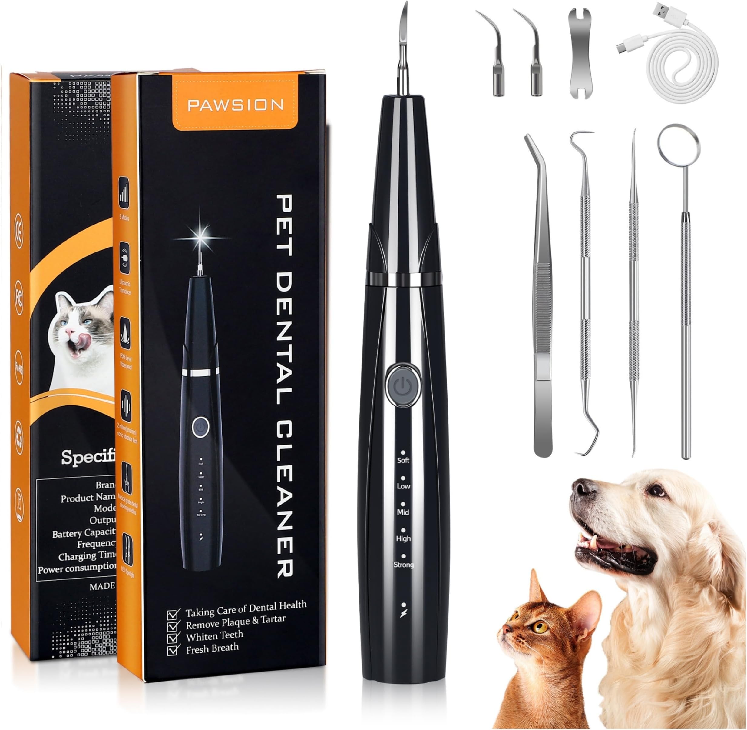 Dog Plaque and Tartar Remover for Teeth, Ultrasonic Pet Tooth Cleaner, Electric Teeth Cleaning Kit for Dogs and Cats, 5 Modes, LED Light, 3 Cleaning Heads, Rechargeable